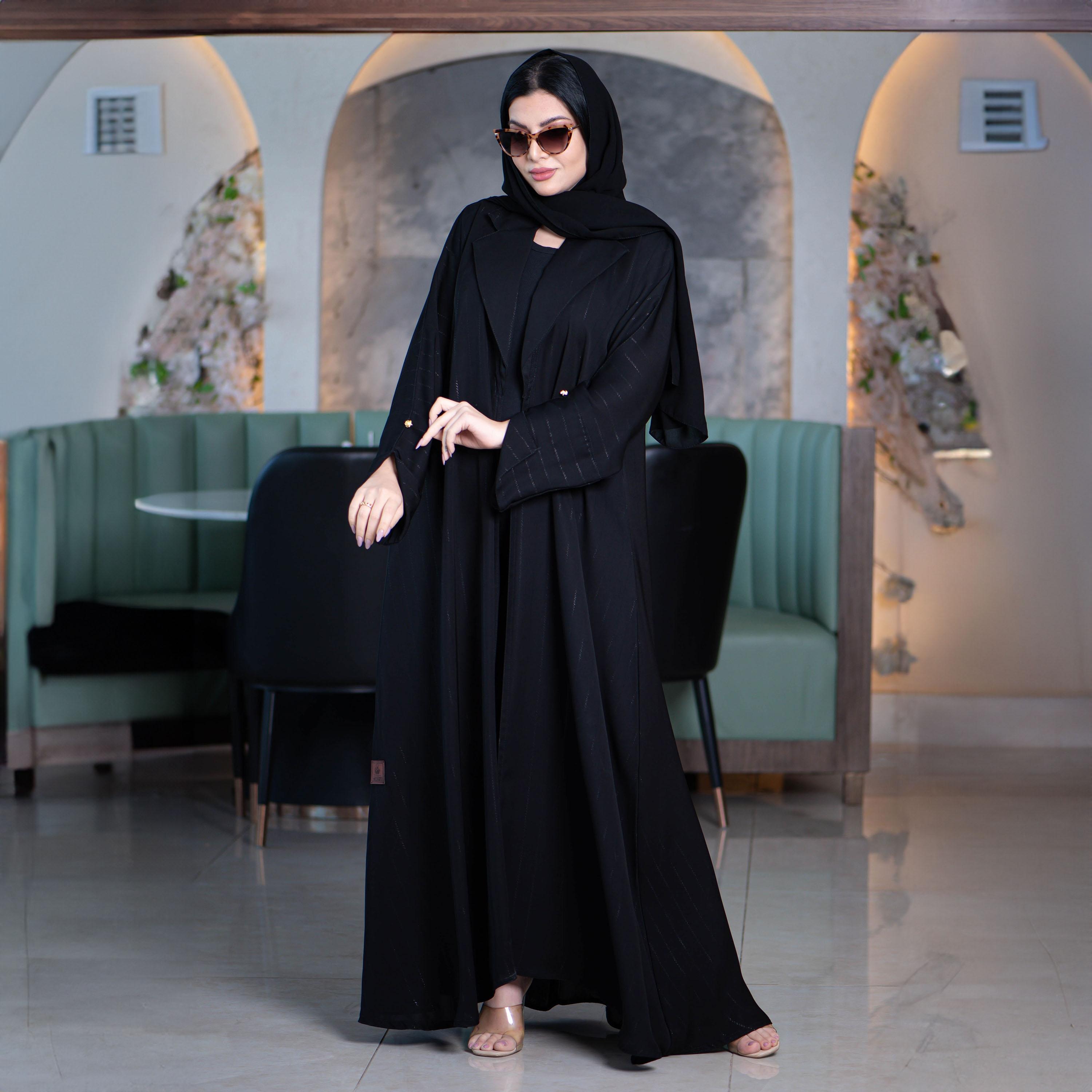 Zahiyh Black Slit Sleeves Thread Lined Striped Formal Abaya with Tarha-women-arabicclothing-abayas-image-2