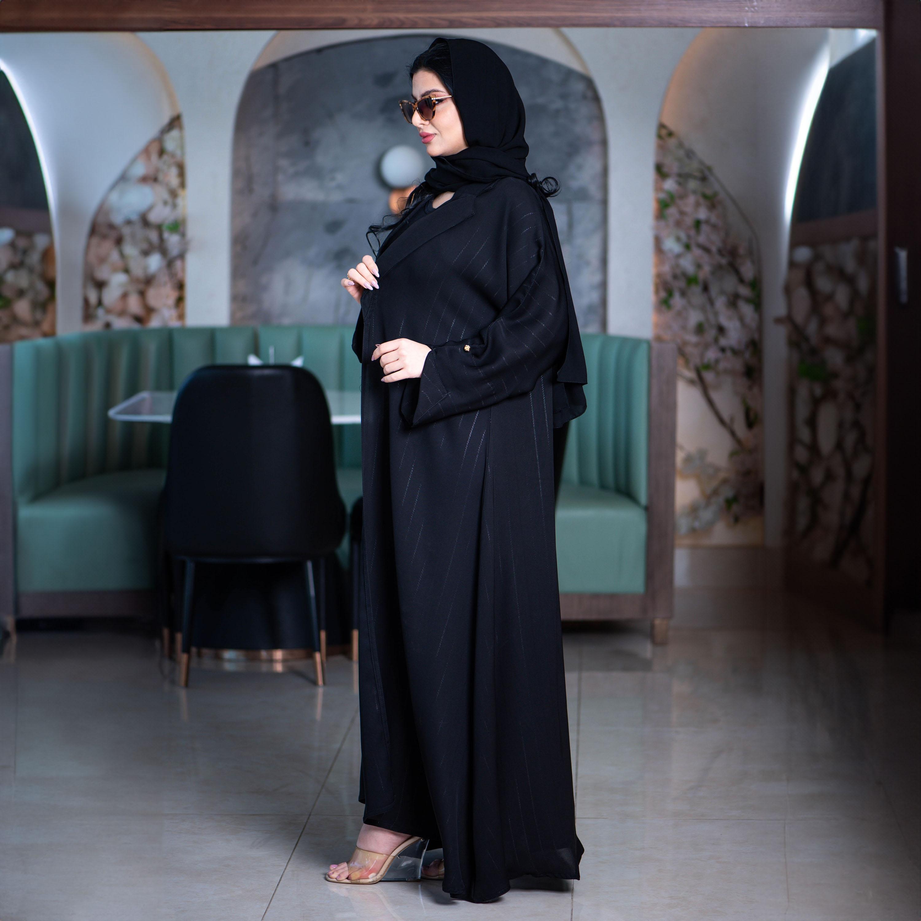 Zahiyh Black Slit Sleeves Thread Lined Striped Formal Abaya with Tarha-women-arabicclothing-abayas-image-4