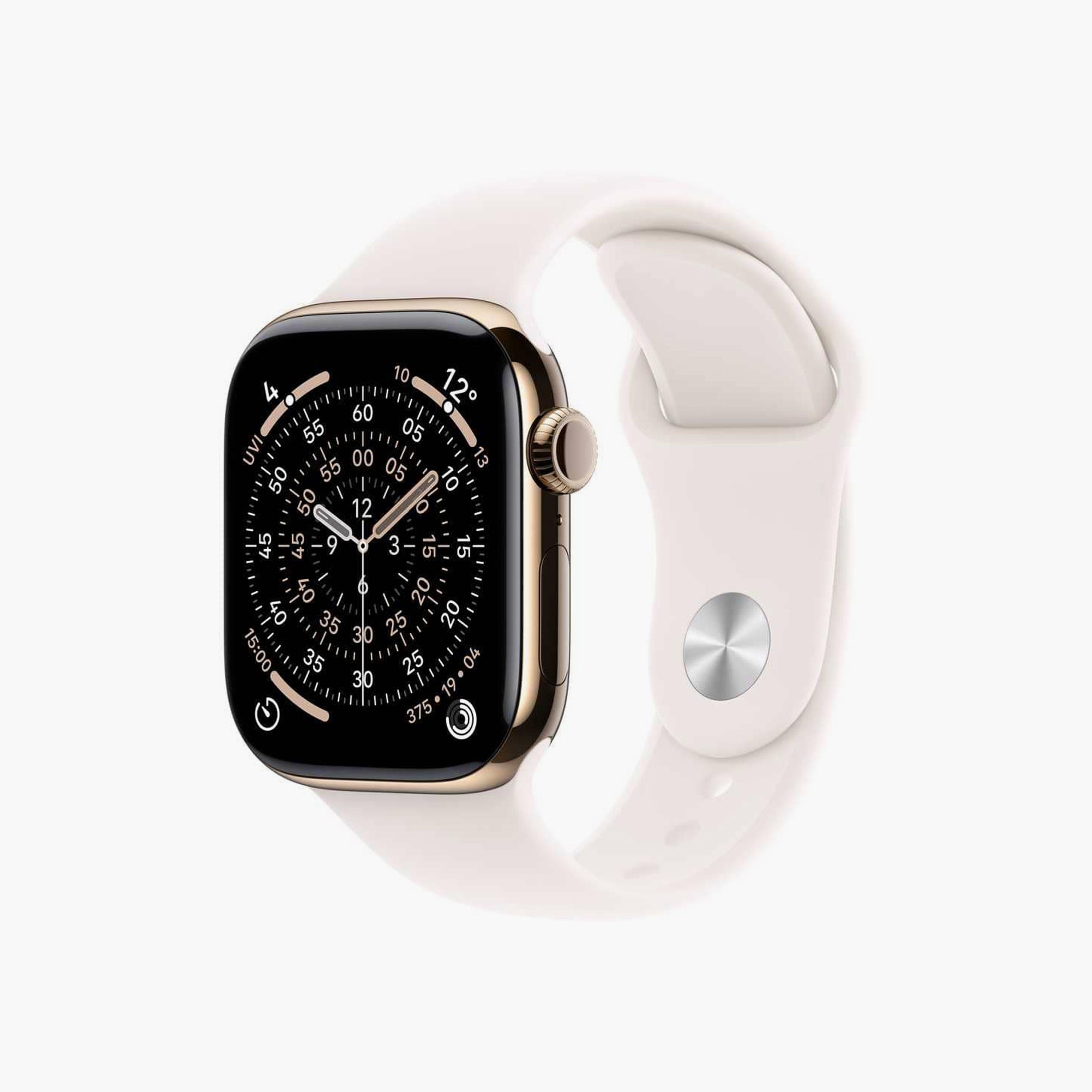 أبل ووتش سيريس 11 جي بي اس + خلوي 42 ملم هيكل تيتانيوم ذهبي مع سوار رياضي بلون وردي خفيف-men-watchesandjewellery-watches-image-1