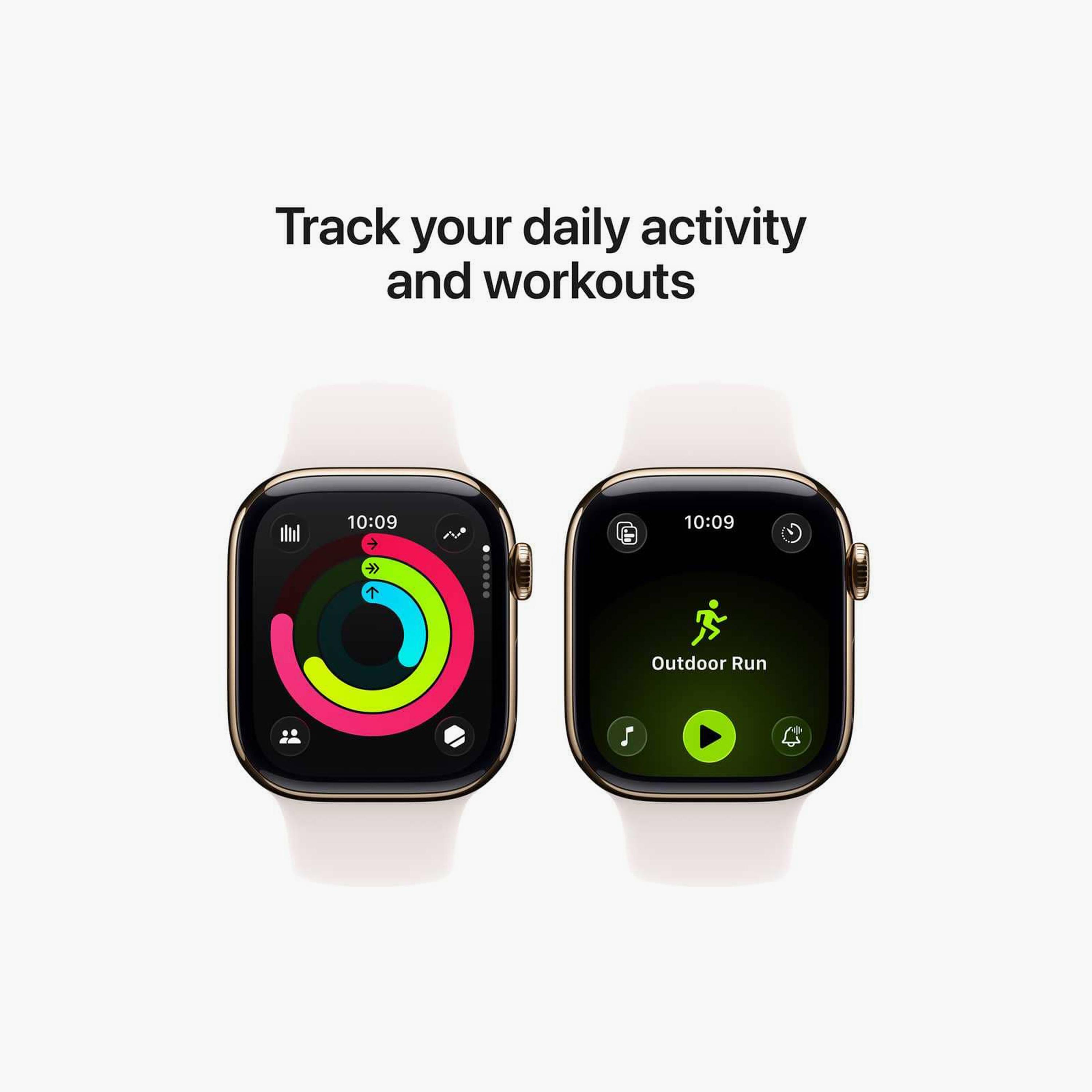 أبل ووتش سيريس 11 جي بي اس + خلوي 42 ملم هيكل تيتانيوم ذهبي مع سوار رياضي بلون وردي خفيف-men-watchesandjewellery-watches-image-4