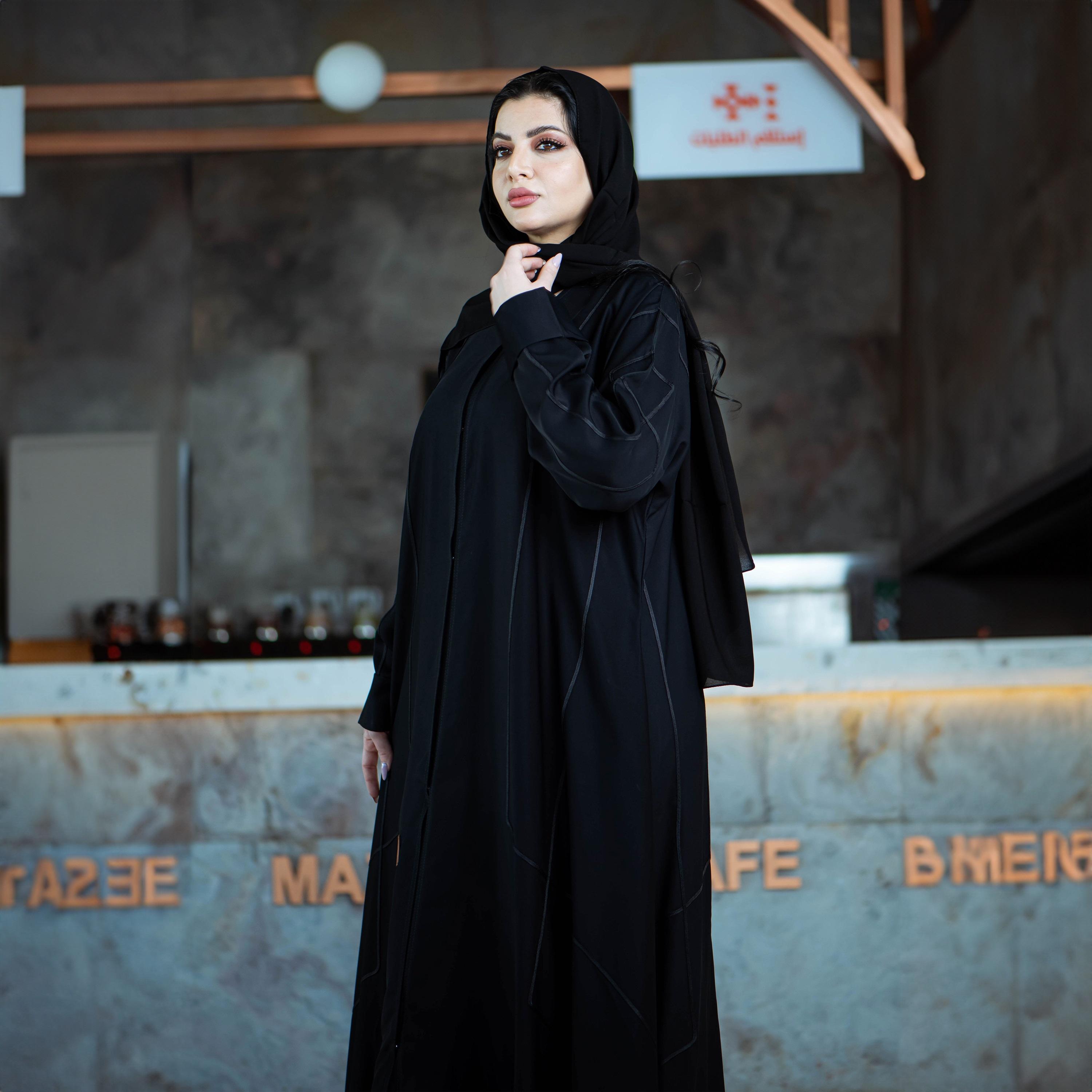 Zahiyh Black Thread Lined Striped Formal Abaya with Tarha-women-arabicclothing-abayas-image-2