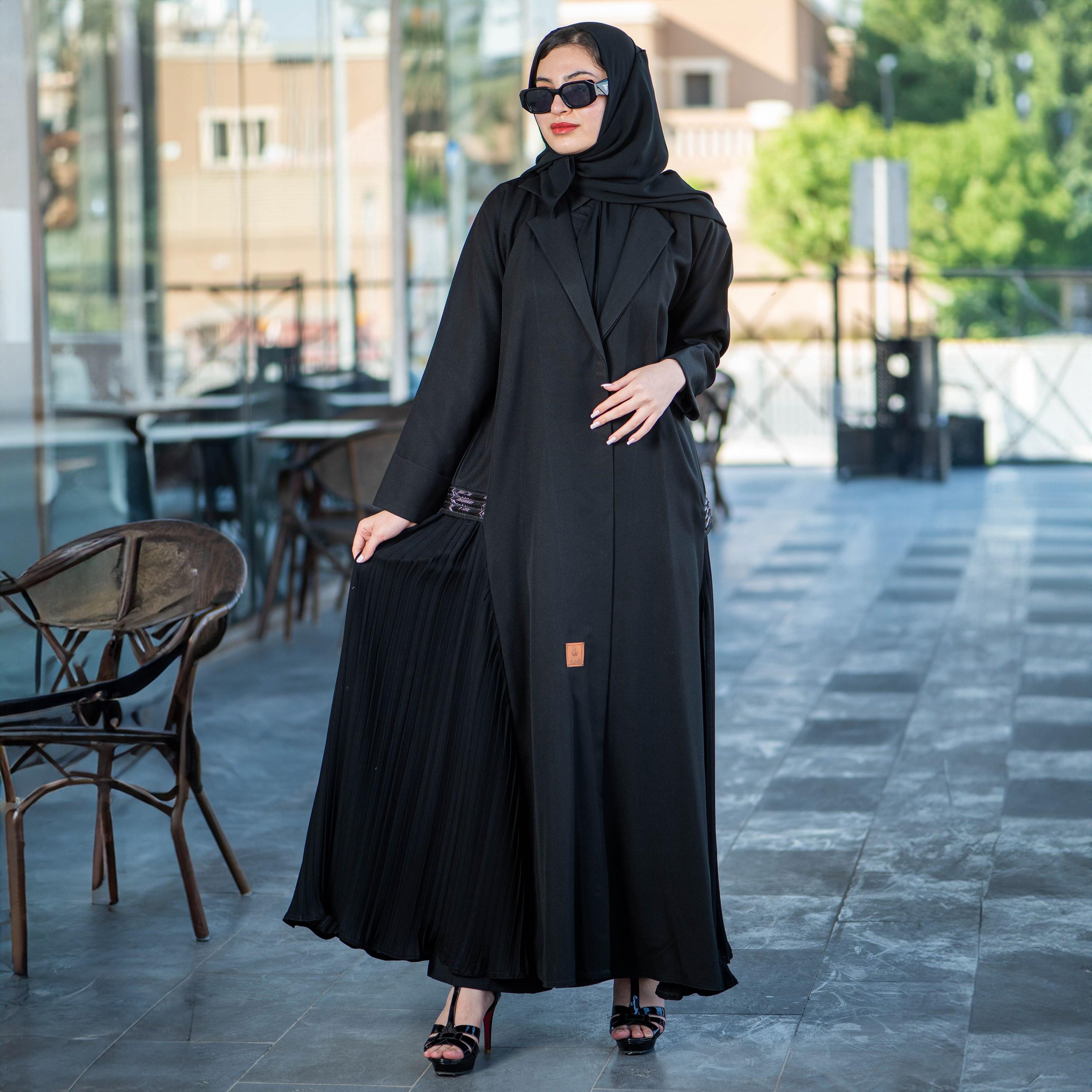 Zahiyh Black Notched Lapel Pleated and Beaded Abaya with Tarha-women-arabicclothing-abayas-image-1