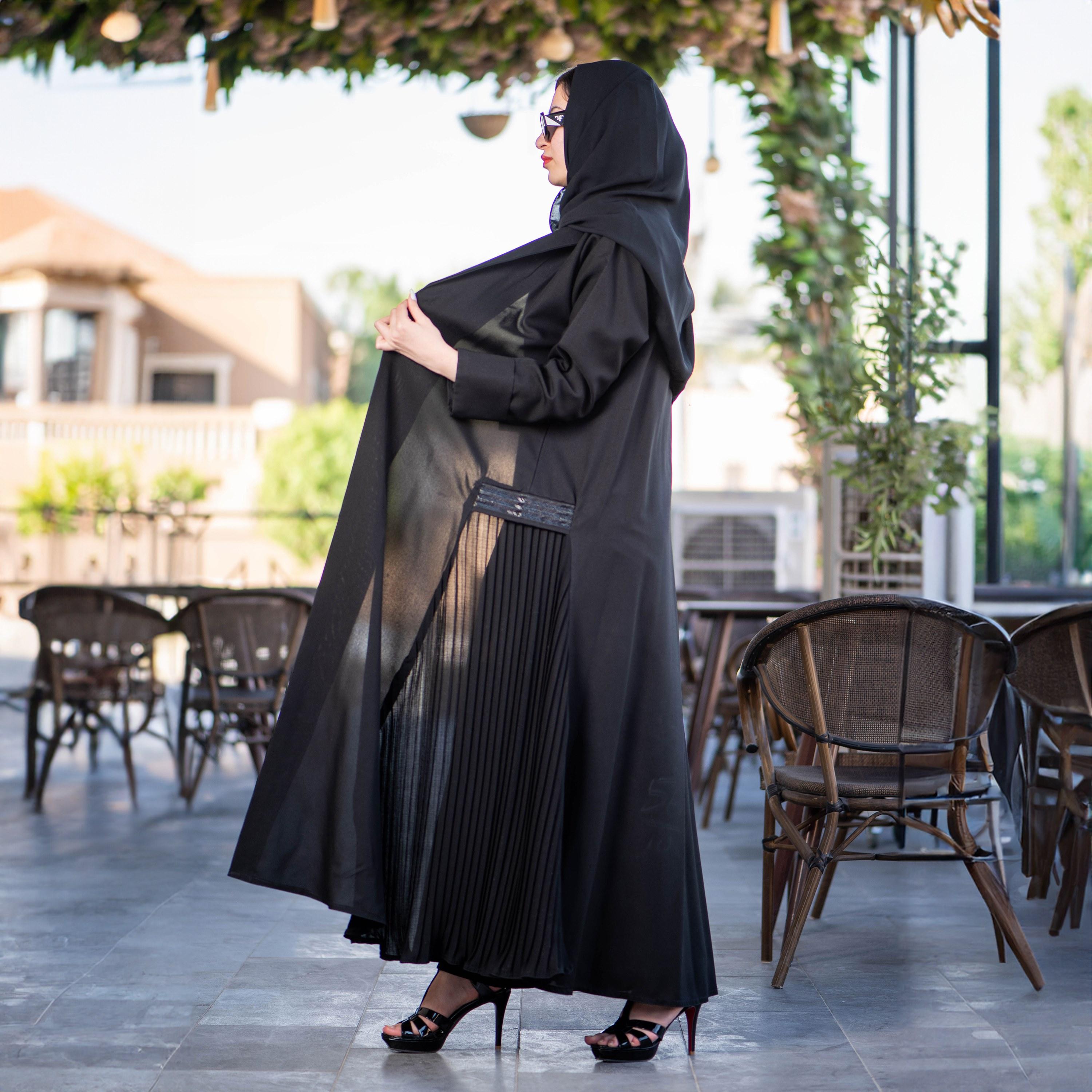 Zahiyh Black Notched Lapel Pleated and Beaded Abaya with Tarha-women-arabicclothing-abayas-image-2