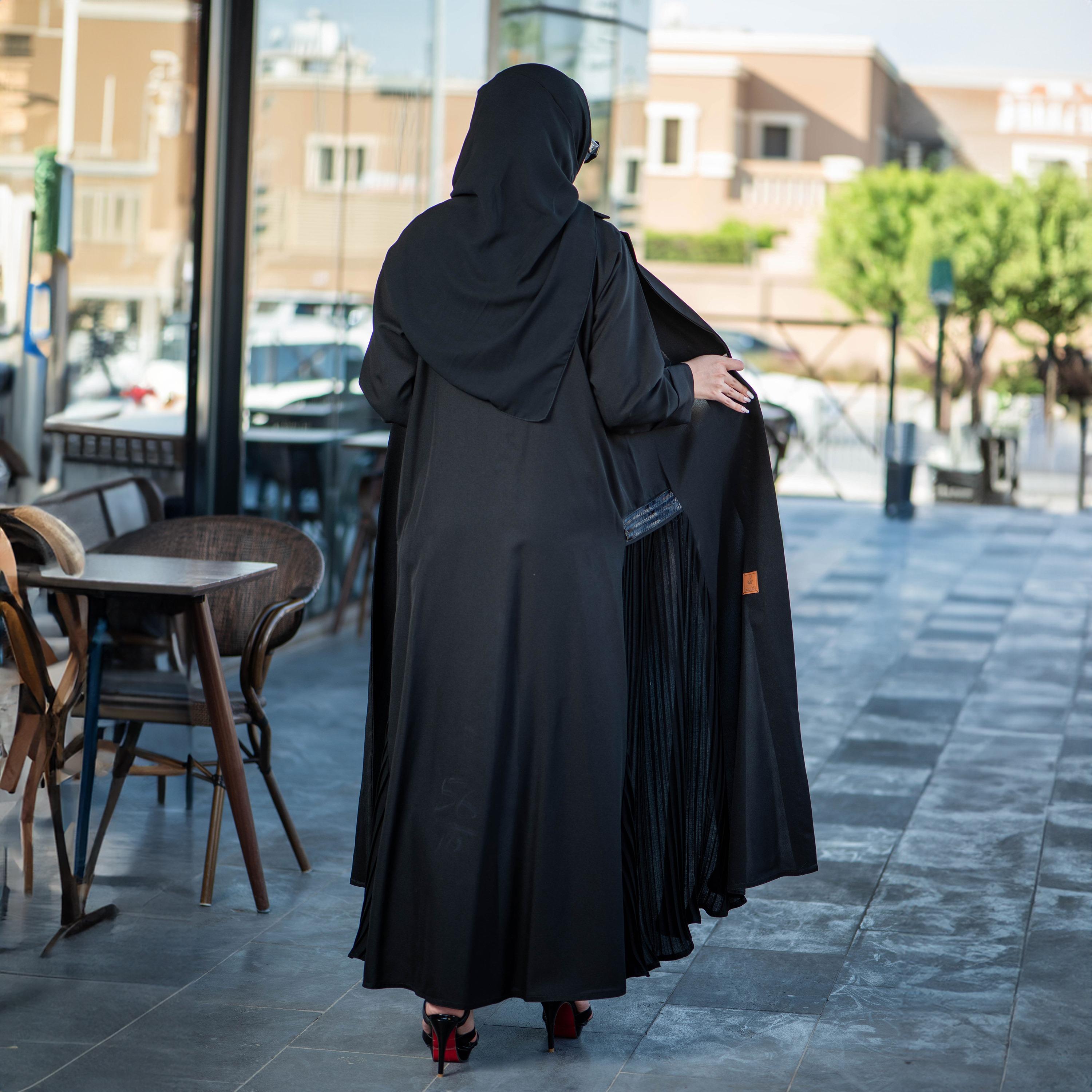 Zahiyh Black Notched Lapel Pleated and Beaded Abaya with Tarha-women-arabicclothing-abayas-image-3