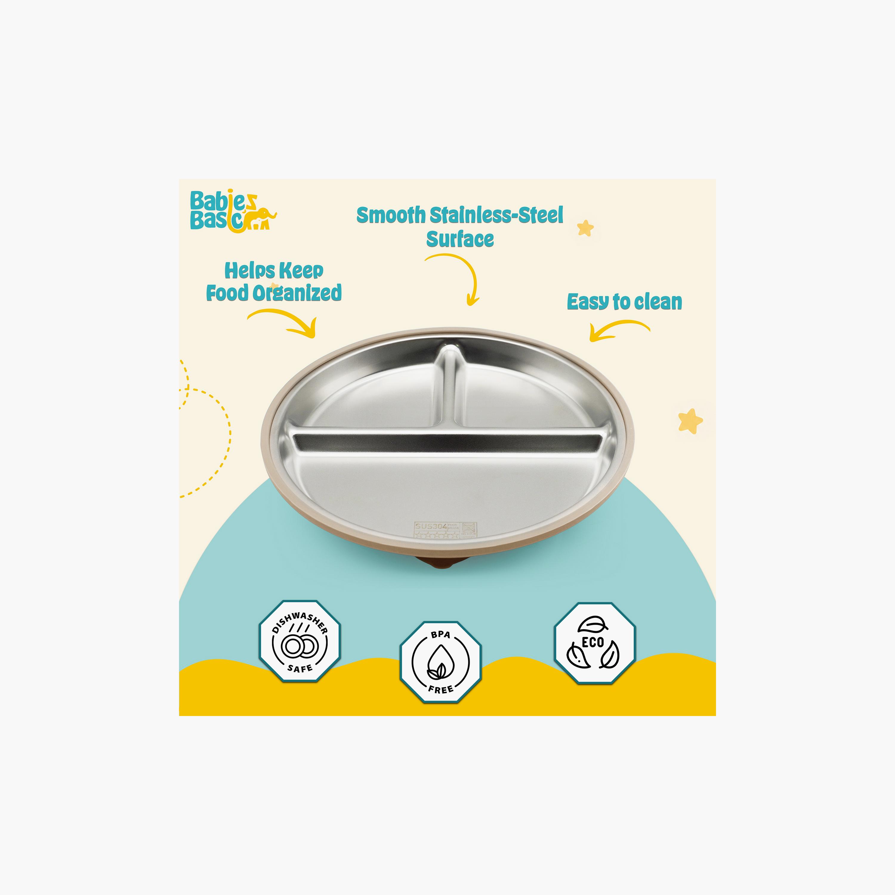 Babies Basic 3-Compartment Stainless Steel Plate with Silicone Suction Sleeve-baby-feeding-mealtimeessentials-image-6