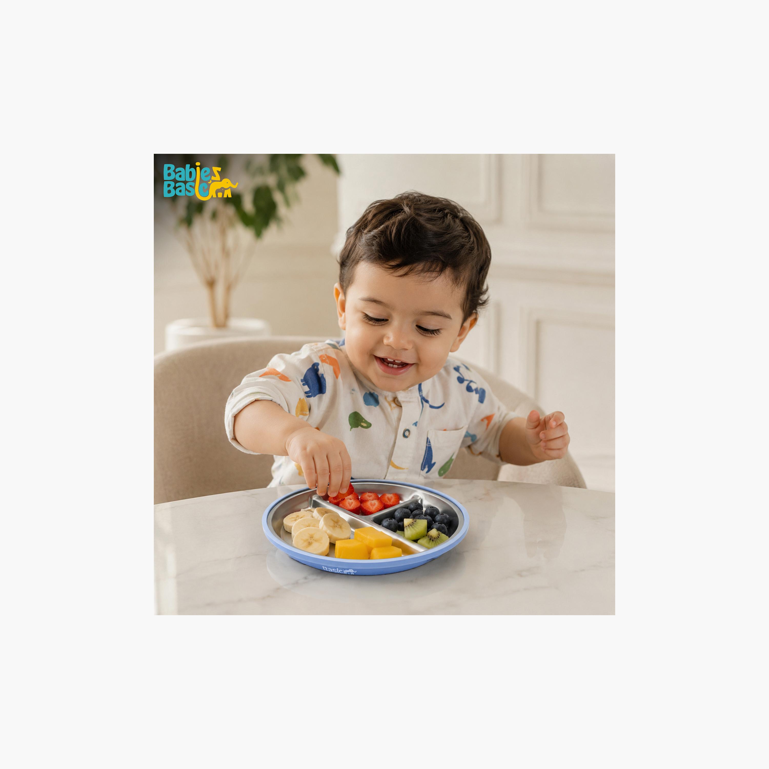 طبق ستانلس ستيل 3 أقسام مع قاعدة سيليكون لاصقة من بيبيز بيزك-baby-feeding-mealtimeessentials-image-3
