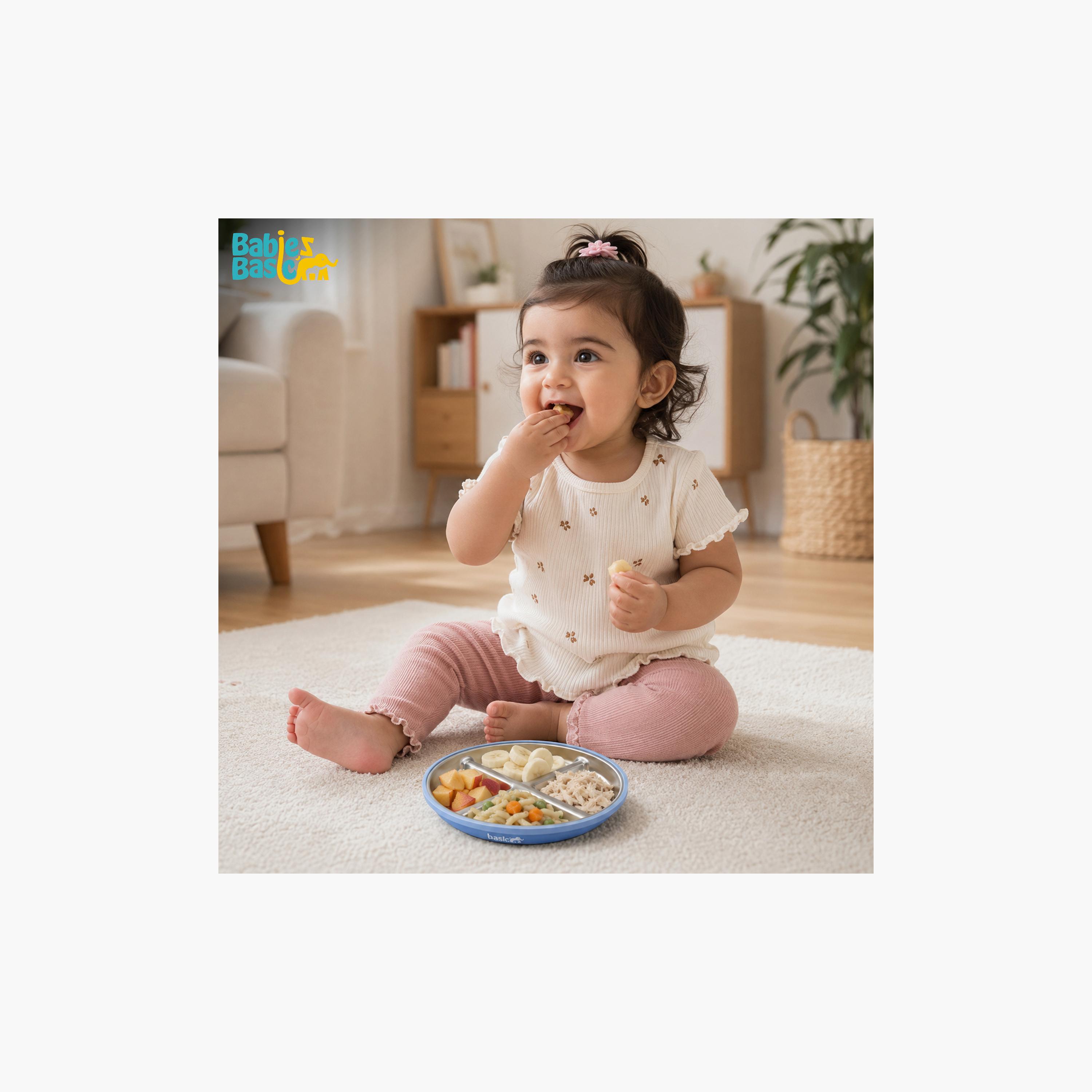طبق ستانلس ستيل 3 أقسام مع قاعدة سيليكون لاصقة من بيبيز بيزك-baby-feeding-mealtimeessentials-image-4
