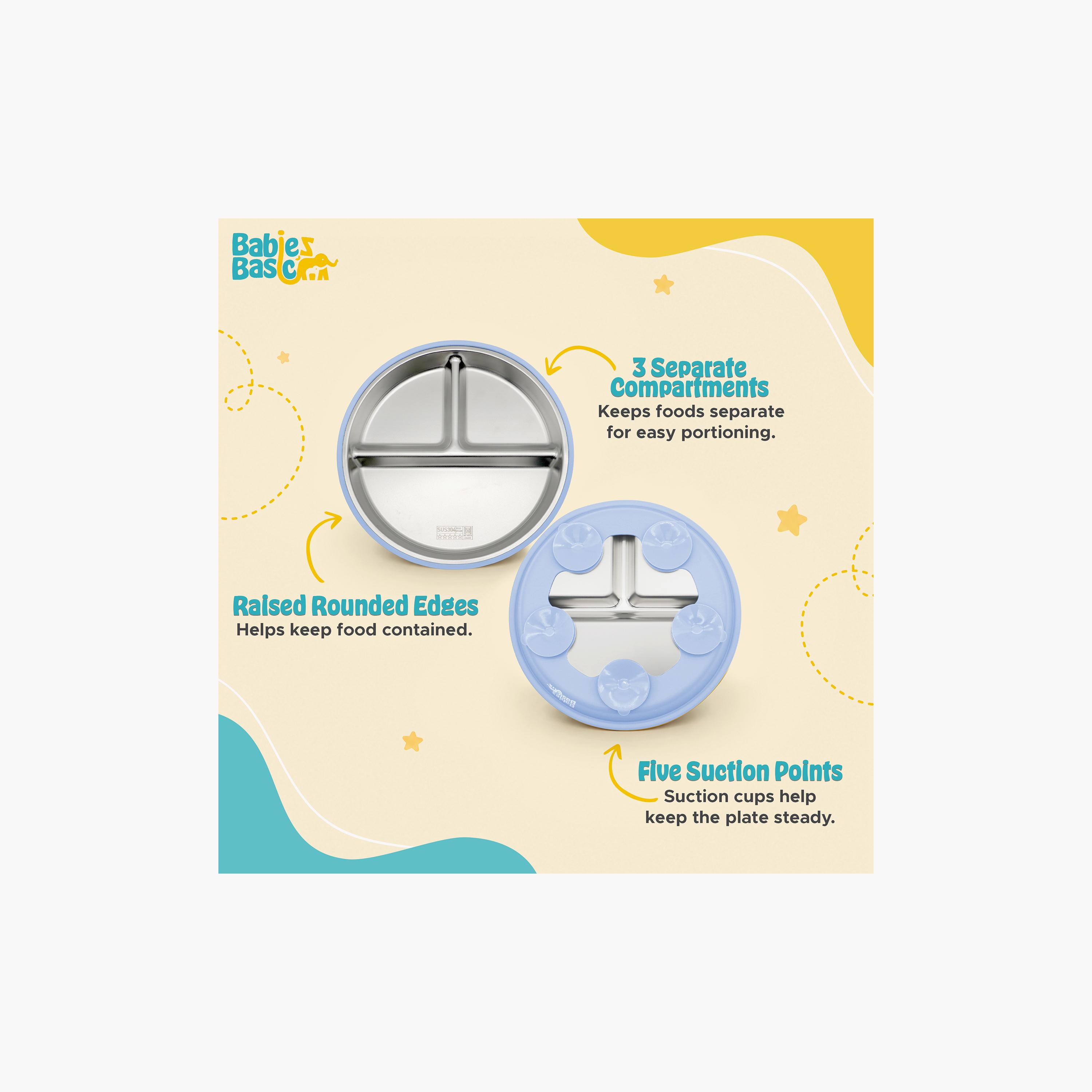 طبق ستانلس ستيل 3 أقسام مع قاعدة سيليكون لاصقة من بيبيز بيزك-baby-feeding-mealtimeessentials-image-5