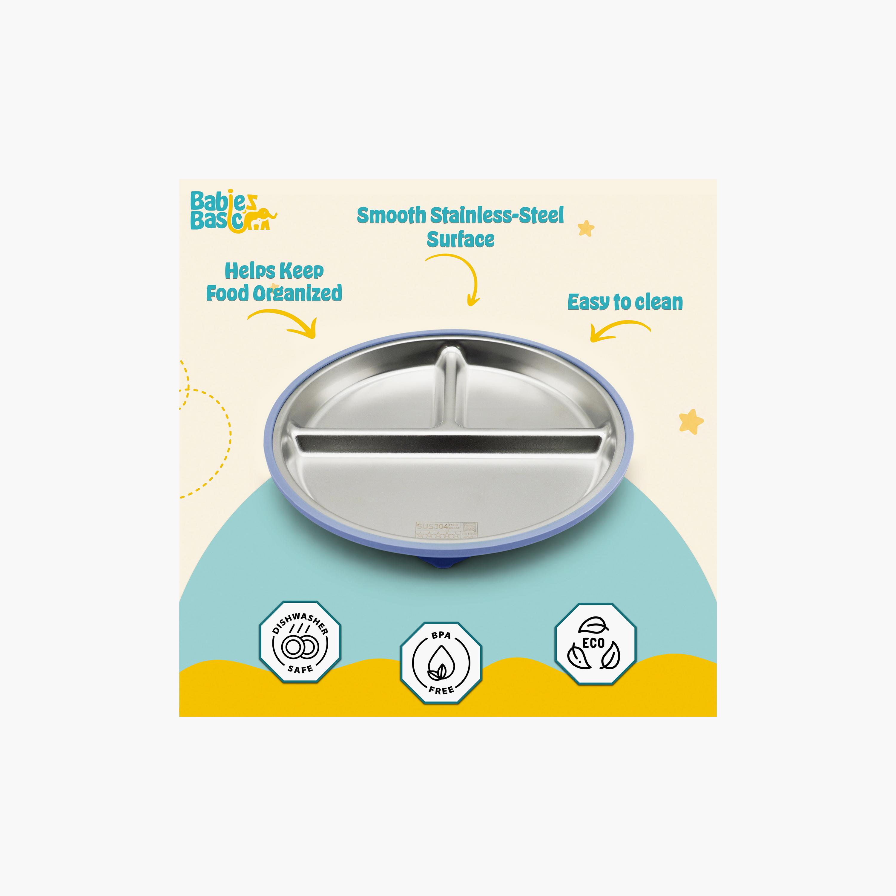 طبق ستانلس ستيل 3 أقسام مع قاعدة سيليكون لاصقة من بيبيز بيزك-baby-feeding-mealtimeessentials-image-6