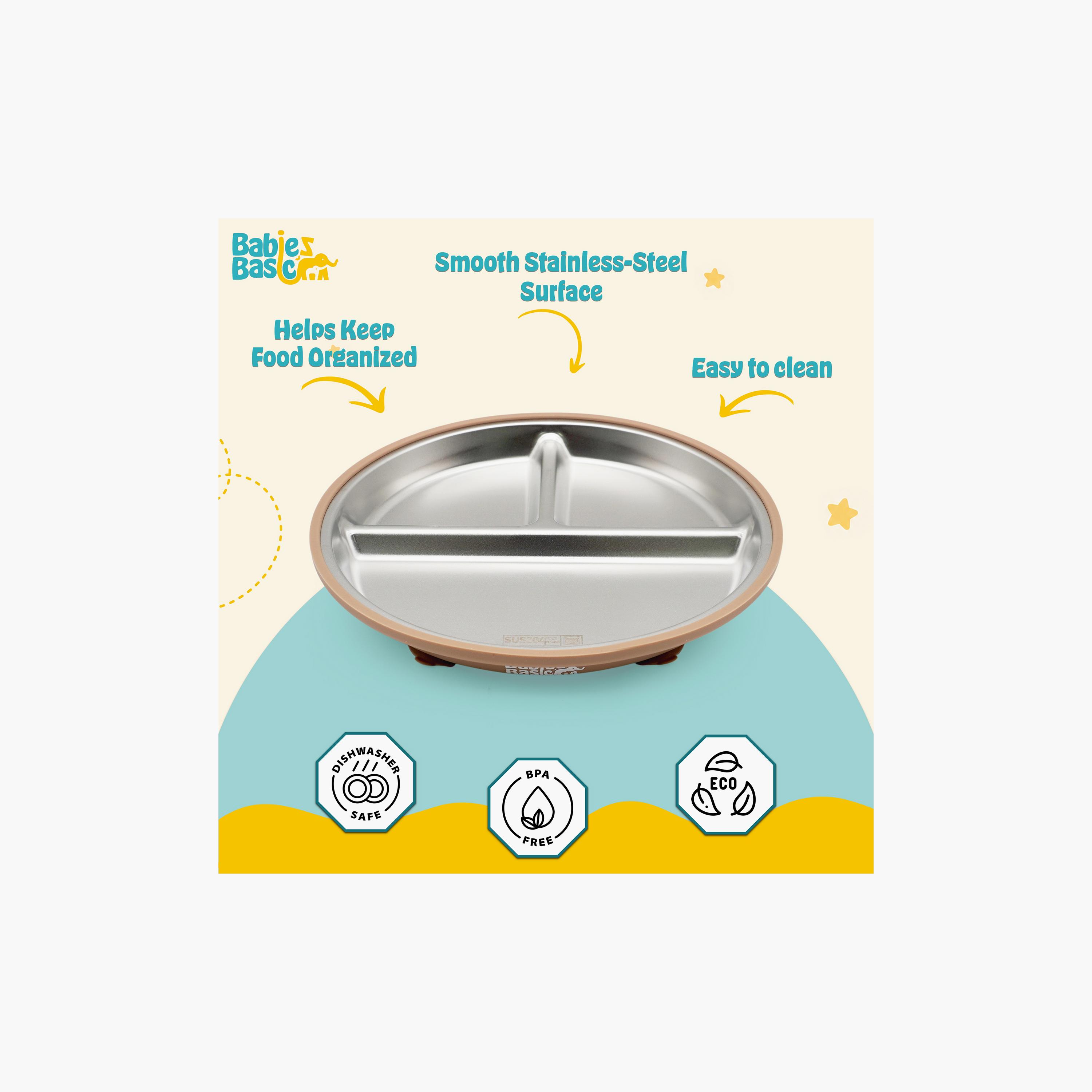 Babies Basic 3-Compartment Stainless Steel Plate with Silicone Suction Sleeve-baby-feeding-mealtimeessentials-image-6