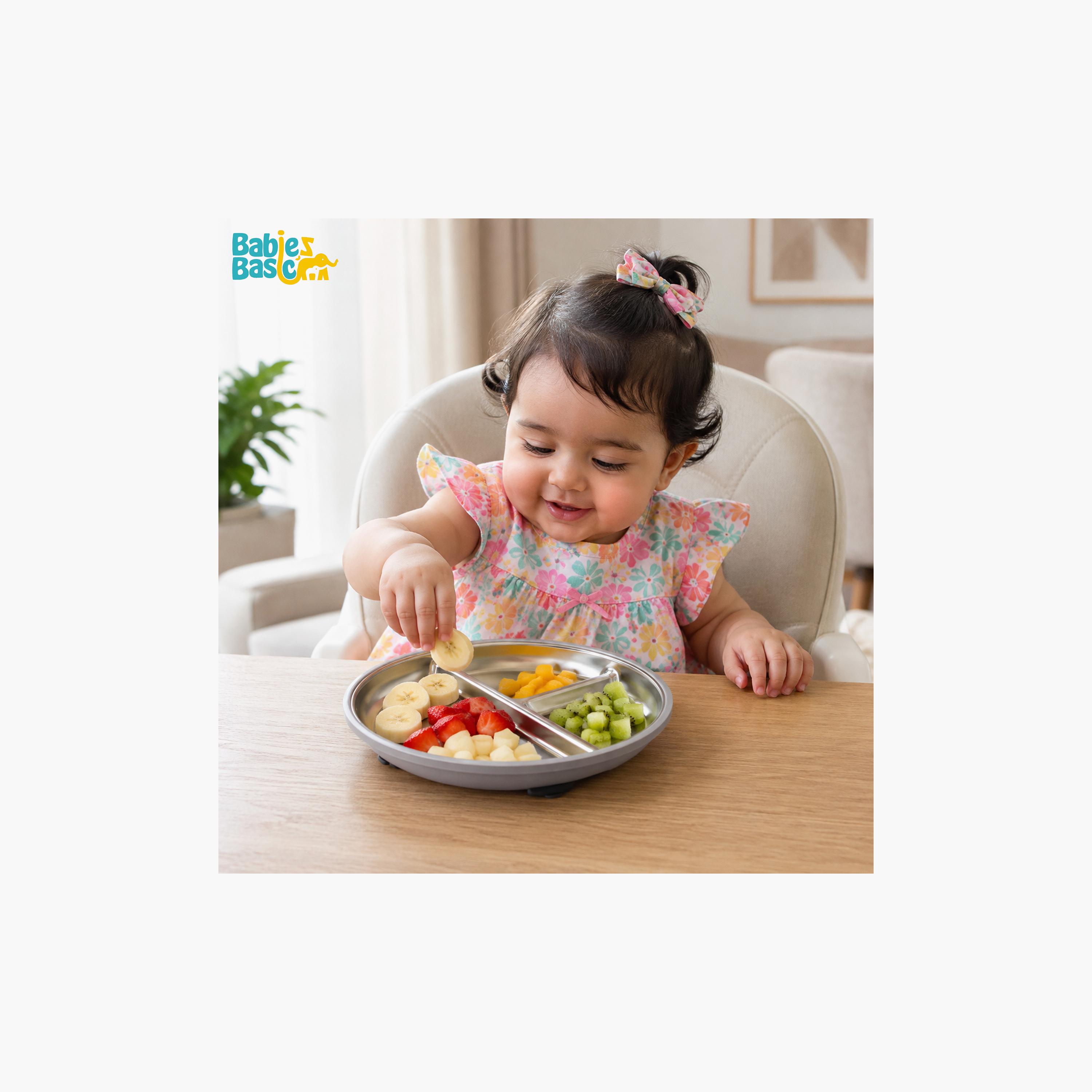 Babies Basic 3-Compartment Stainless Steel Plate with Silicone Suction Sleeve-baby-feeding-mealtimeessentials-image-3