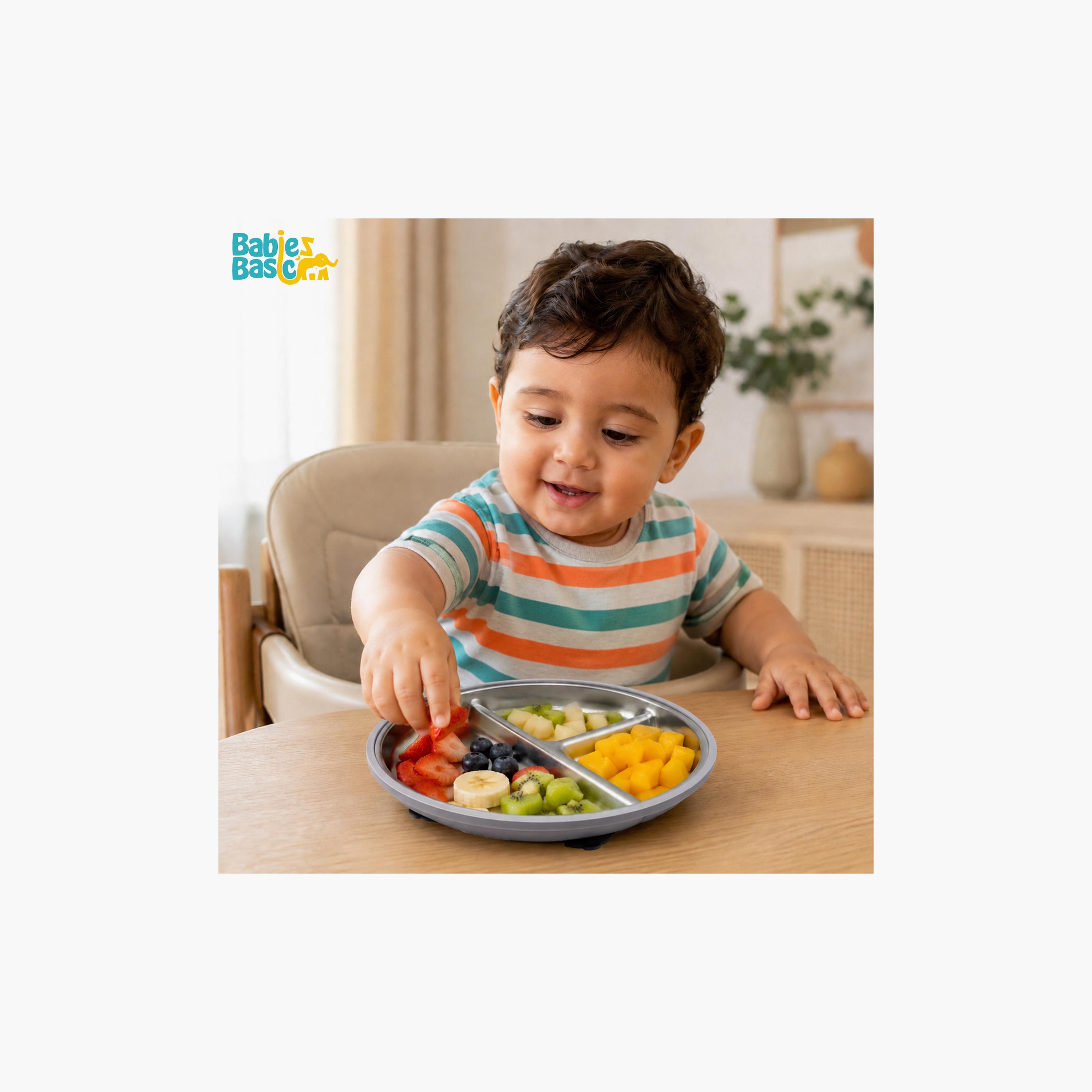 Babies Basic 3-Compartment Stainless Steel Plate with Silicone Suction Sleeve-baby-feeding-mealtimeessentials-image-4