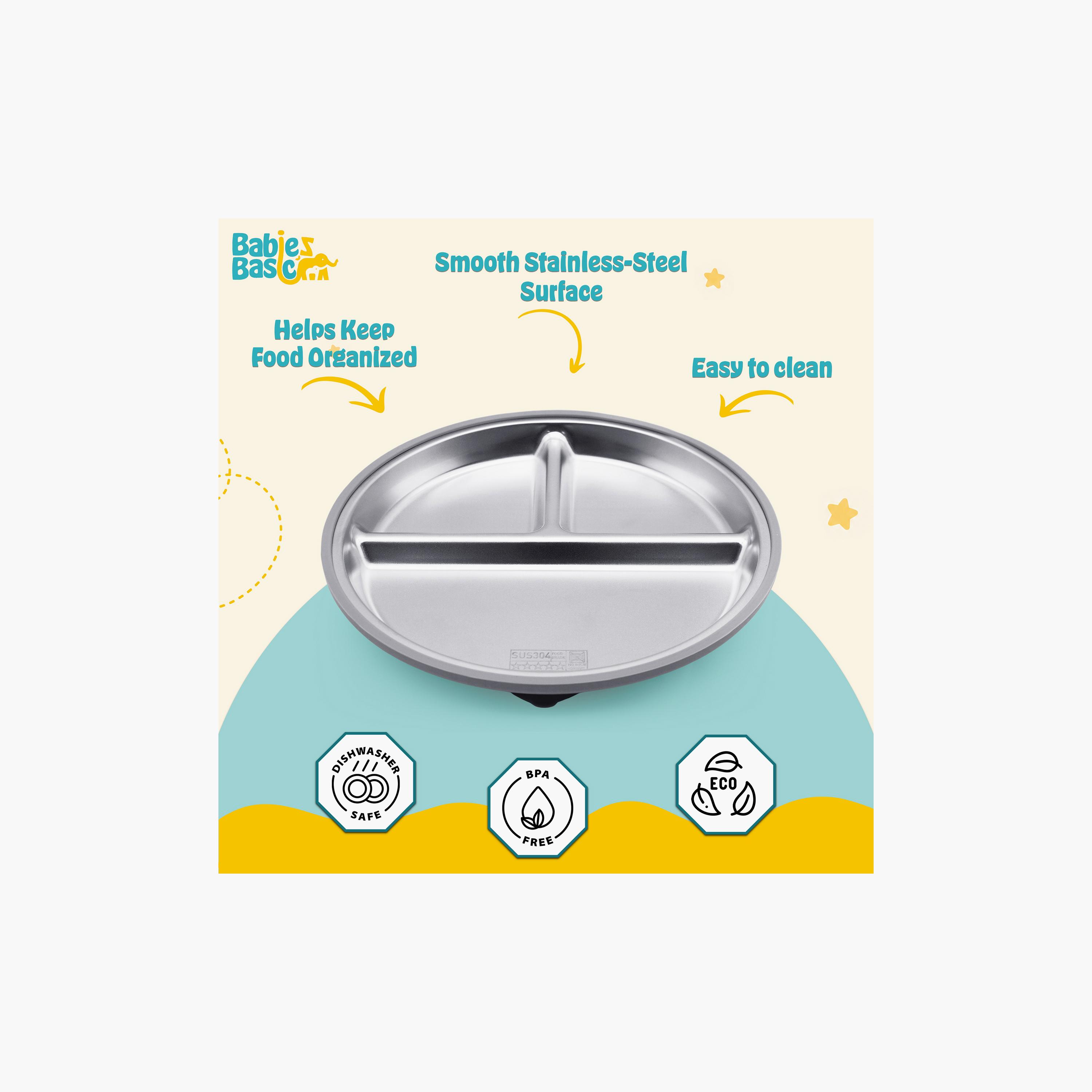 Babies Basic 3-Compartment Stainless Steel Plate with Silicone Suction Sleeve-baby-feeding-mealtimeessentials-image-6