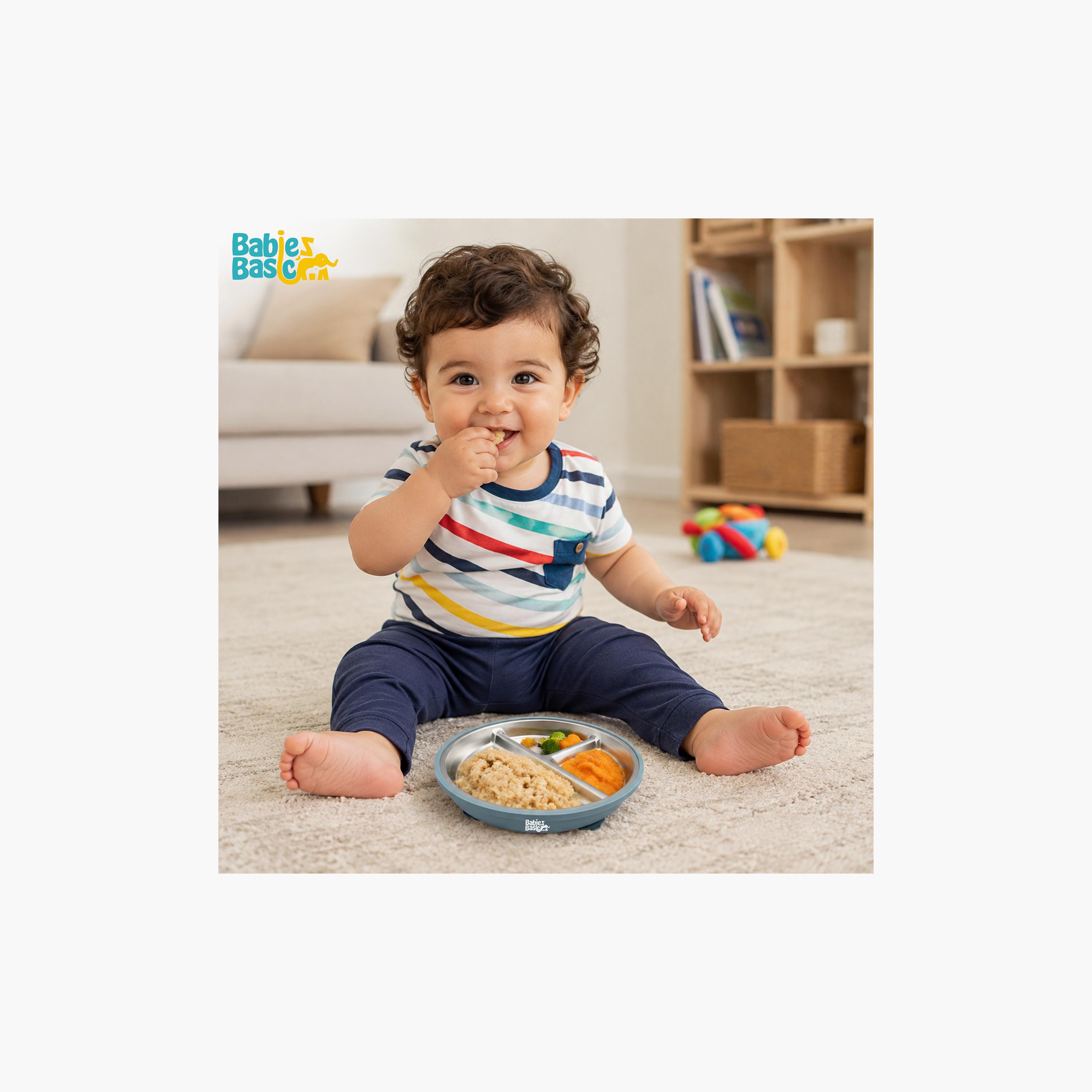 Babies Basic 3-Compartment Stainless Steel Plate with Silicone Suction Sleeve-baby-feeding-mealtimeessentials-image-4