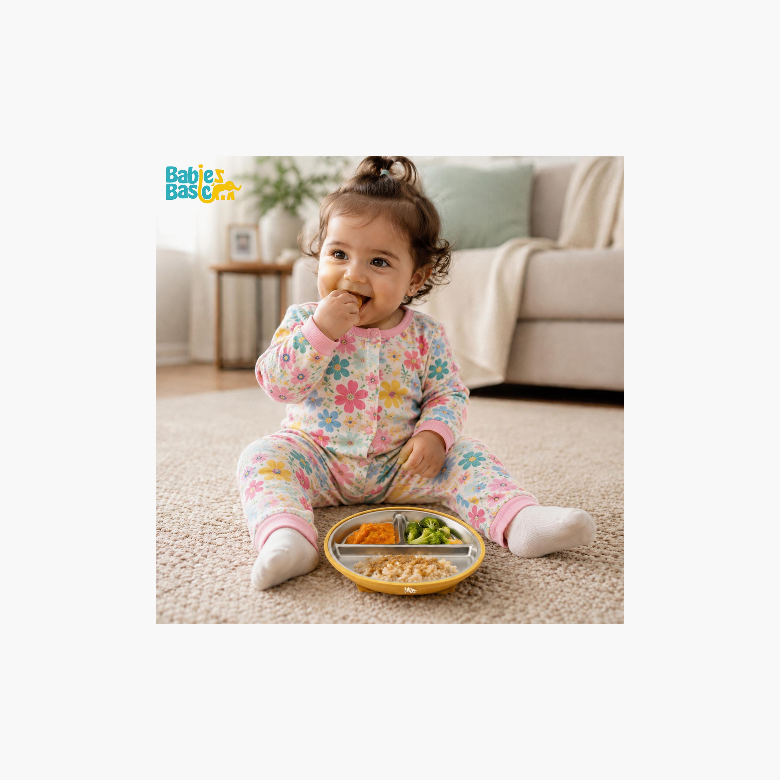 طبق ستانلس ستيل 3 أقسام مع قاعدة سيليكون لاصقة من بيبيز بيزك-baby-feeding-mealtimeessentials-image-3