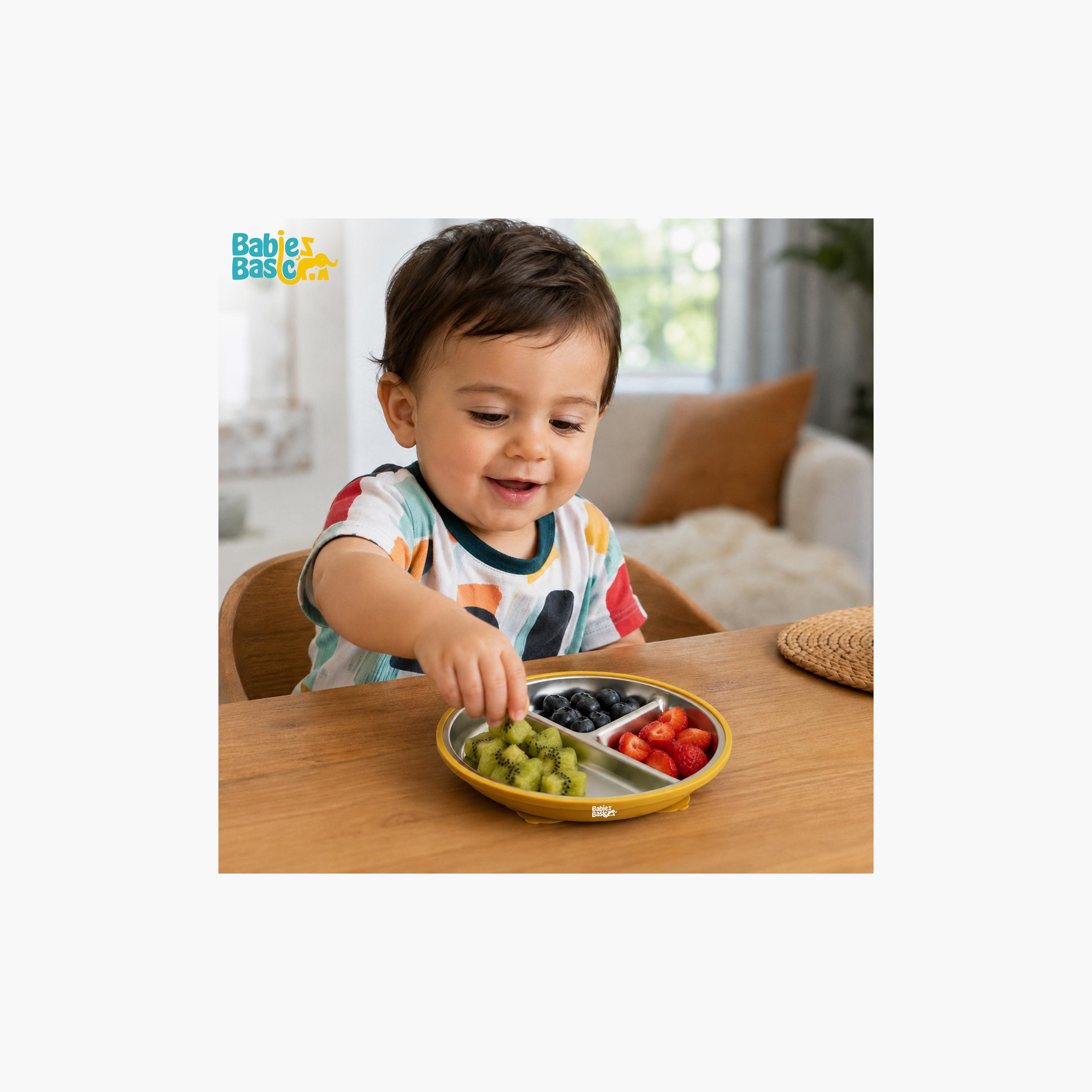 طبق ستانلس ستيل 3 أقسام مع قاعدة سيليكون لاصقة من بيبيز بيزك-baby-feeding-mealtimeessentials-image-4