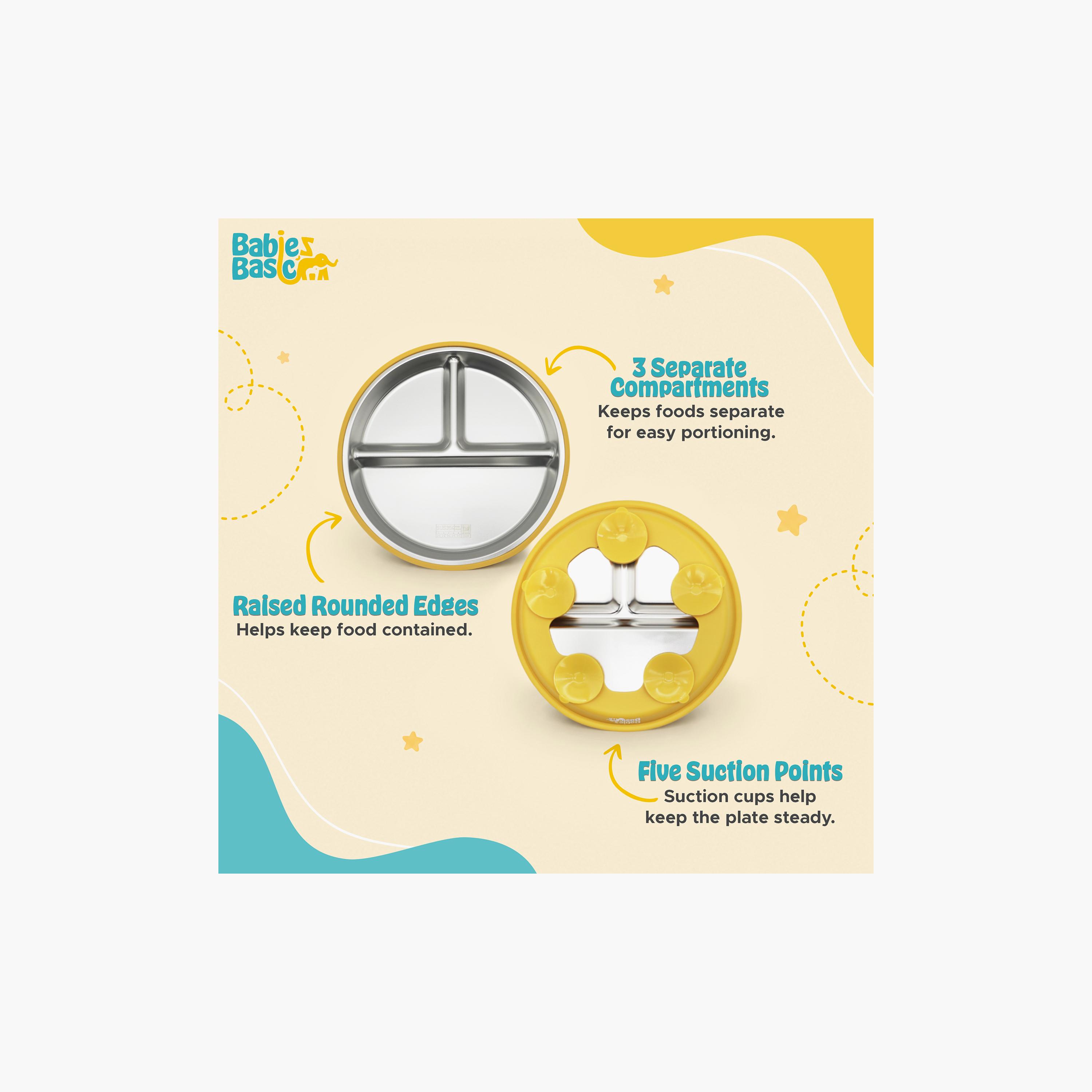 طبق ستانلس ستيل 3 أقسام مع قاعدة سيليكون لاصقة من بيبيز بيزك-baby-feeding-mealtimeessentials-image-5