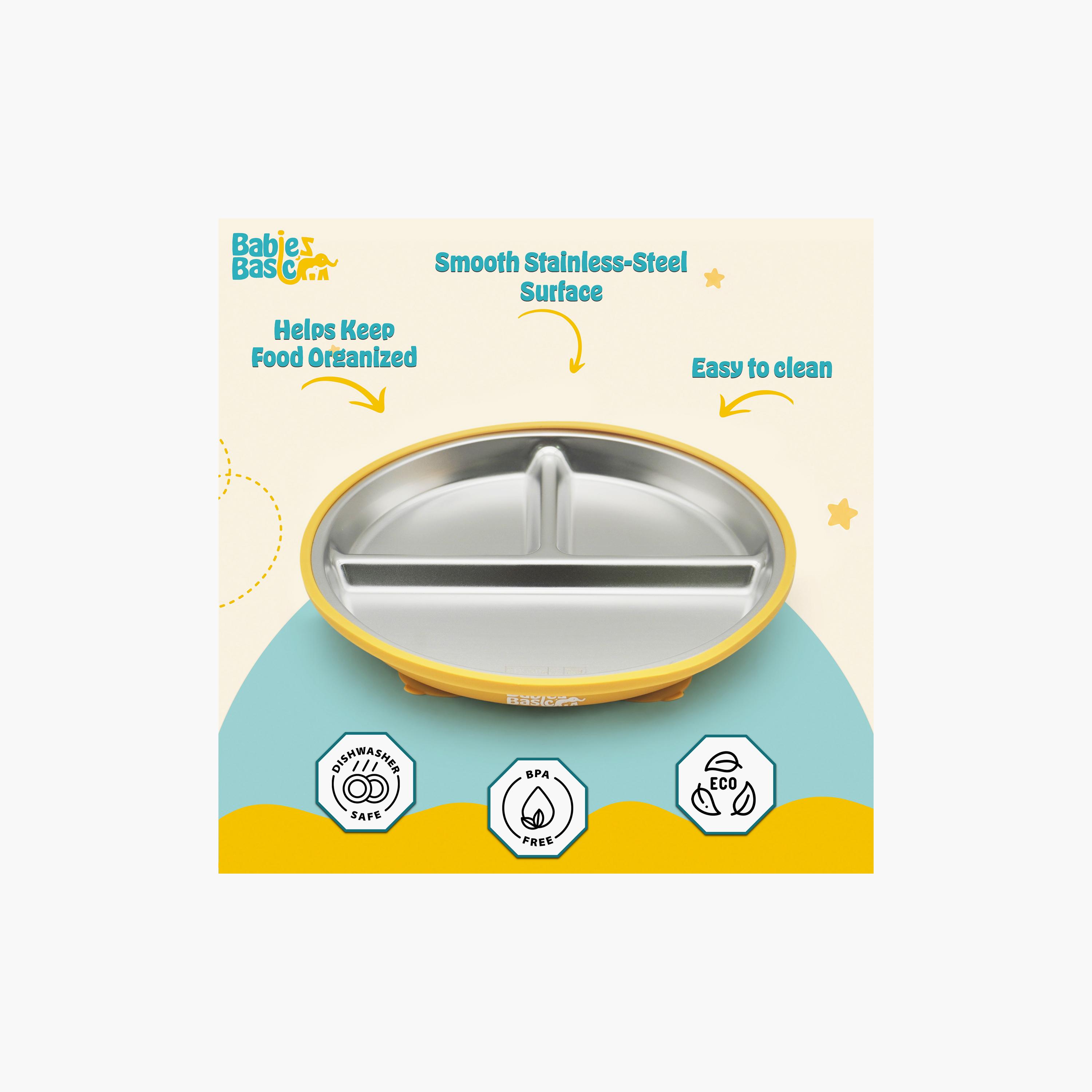طبق ستانلس ستيل 3 أقسام مع قاعدة سيليكون لاصقة من بيبيز بيزك-baby-feeding-mealtimeessentials-image-6
