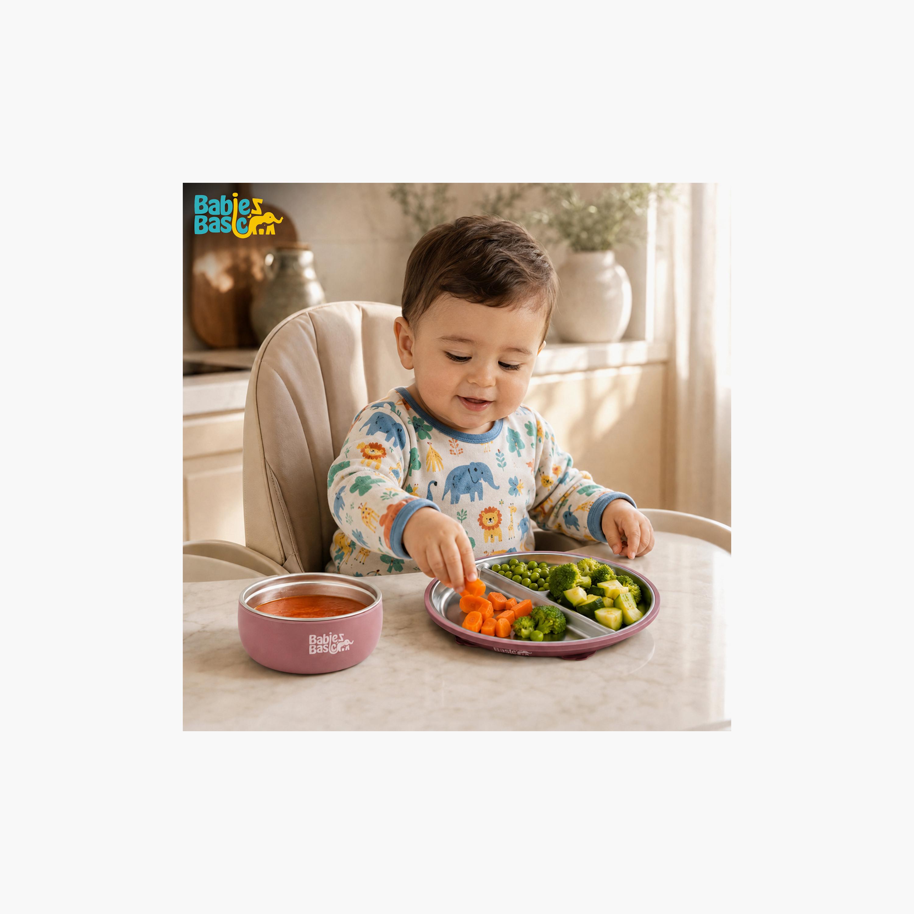 طقم أدوات ستانلس ستيل يشمل طبق وعاء وكوب 3 قطع من بيبيز بيزك-baby-feeding-mealtimeessentials-image-6