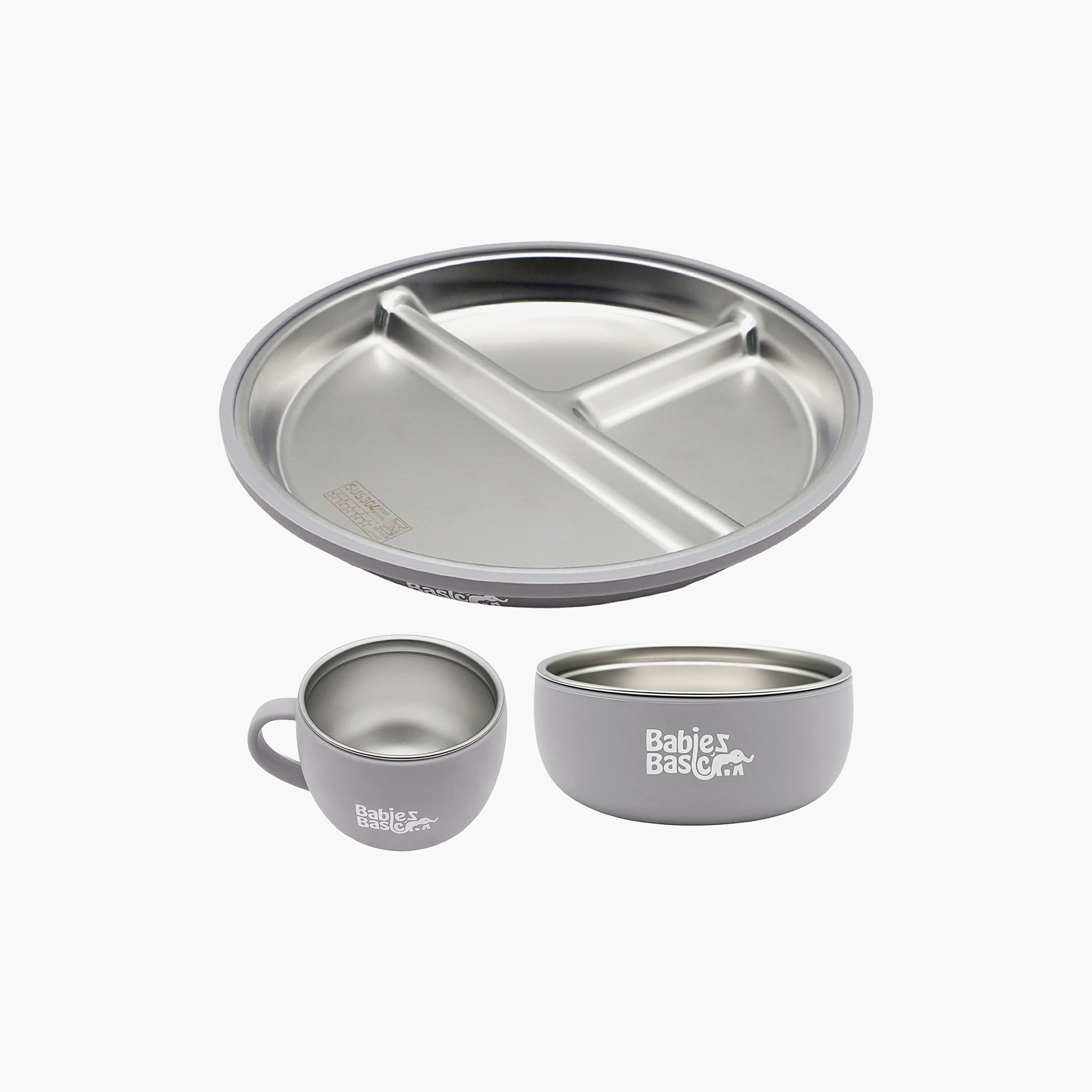 Babies Basic 3-Piece Stainless Steel Plate with Bowl & Cup-baby-feeding-mealtimeessentials-image-1