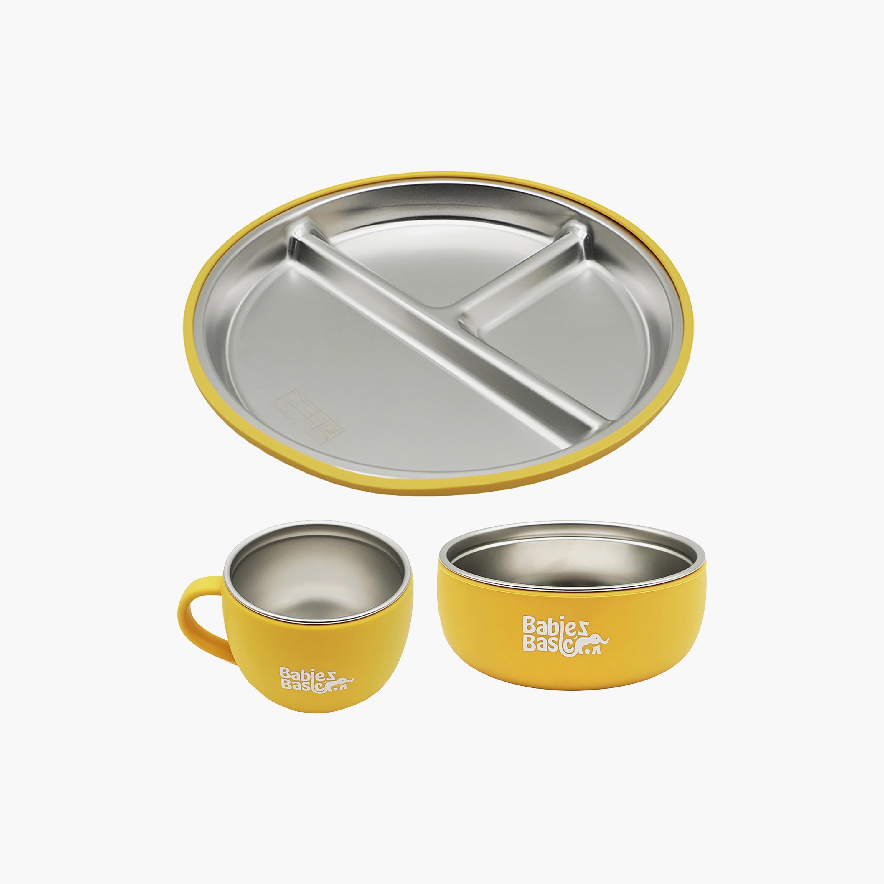 Babies Basic 3-Piece Stainless Steel Plate with Bowl & Cup-baby-feeding-mealtimeessentials-image-1