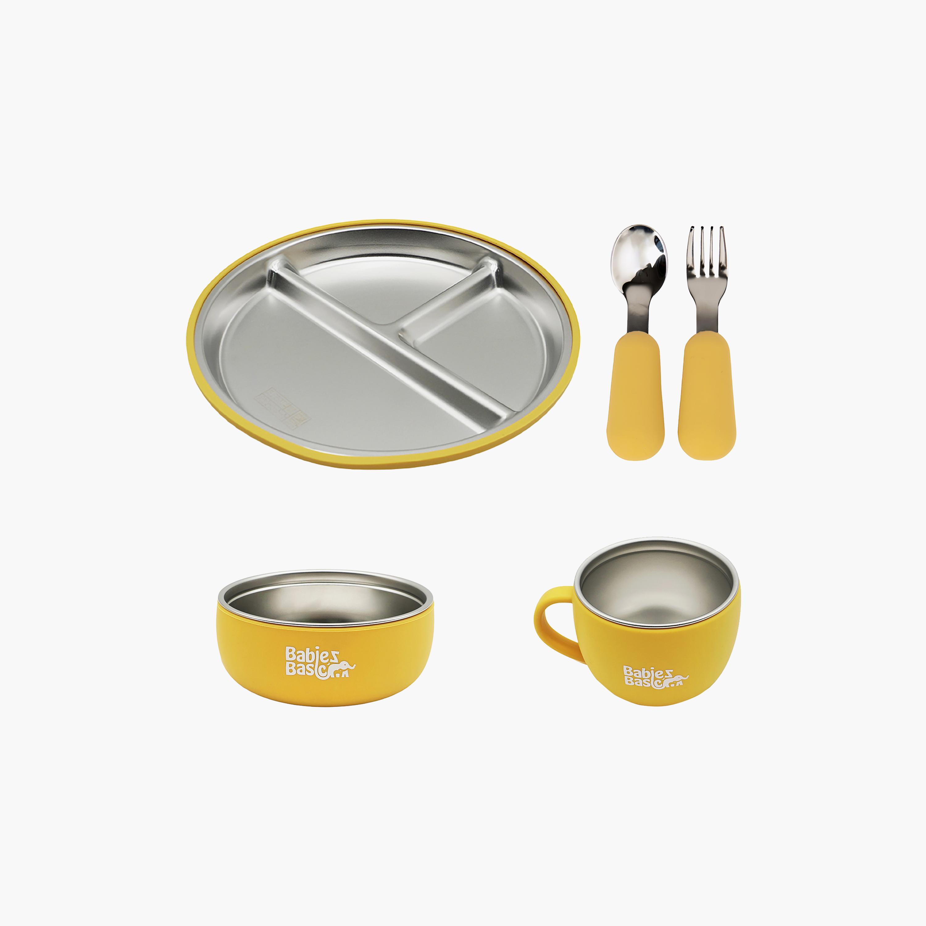 طقم إطعام ستانلس ستيل مع غلاف سيليكون 5 قطع من بيبيز بيزك-baby-feeding-mealtimeessentials-image-1
