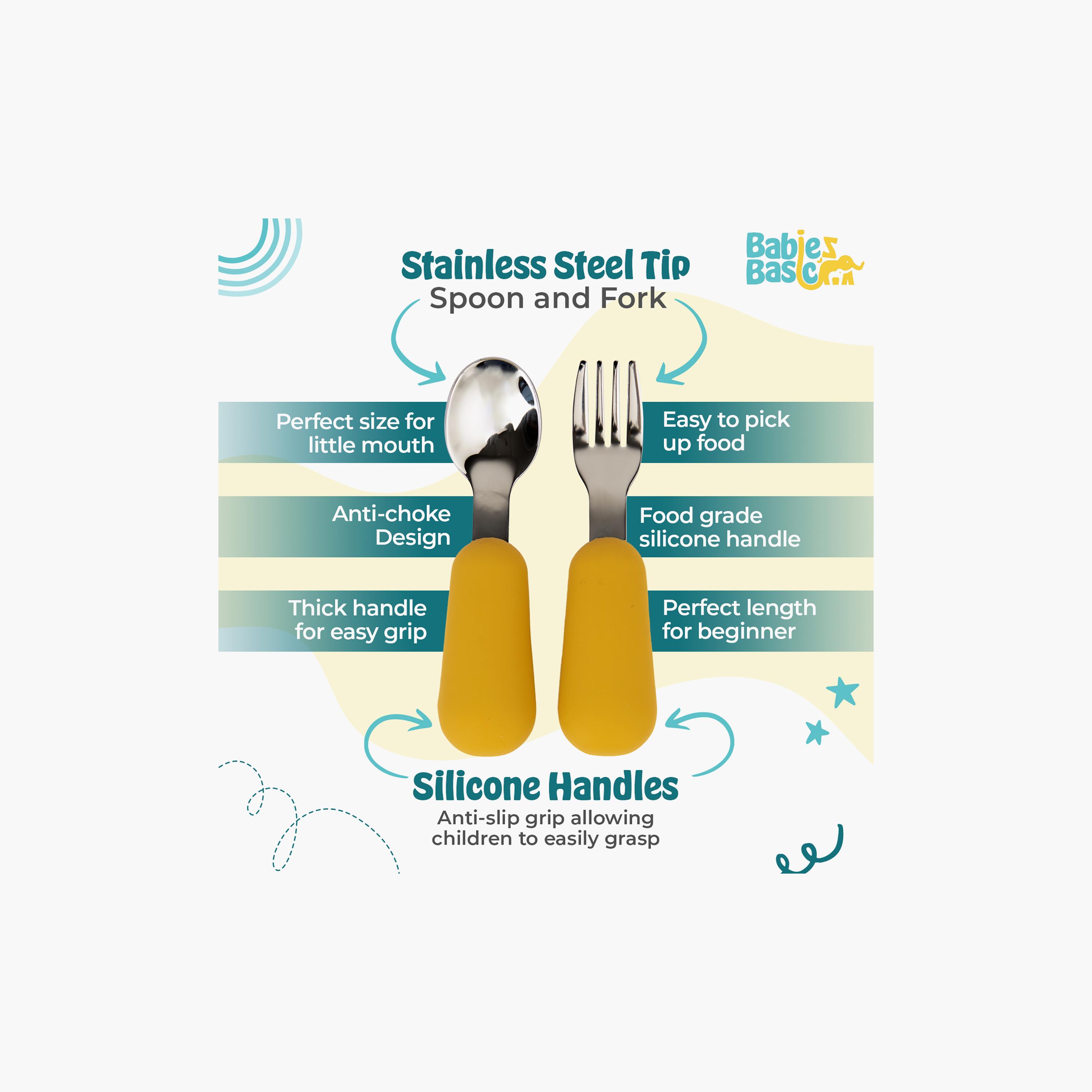 طقم إطعام ستانلس ستيل مع غلاف سيليكون 5 قطع من بيبيز بيزك-baby-feeding-mealtimeessentials-image-2