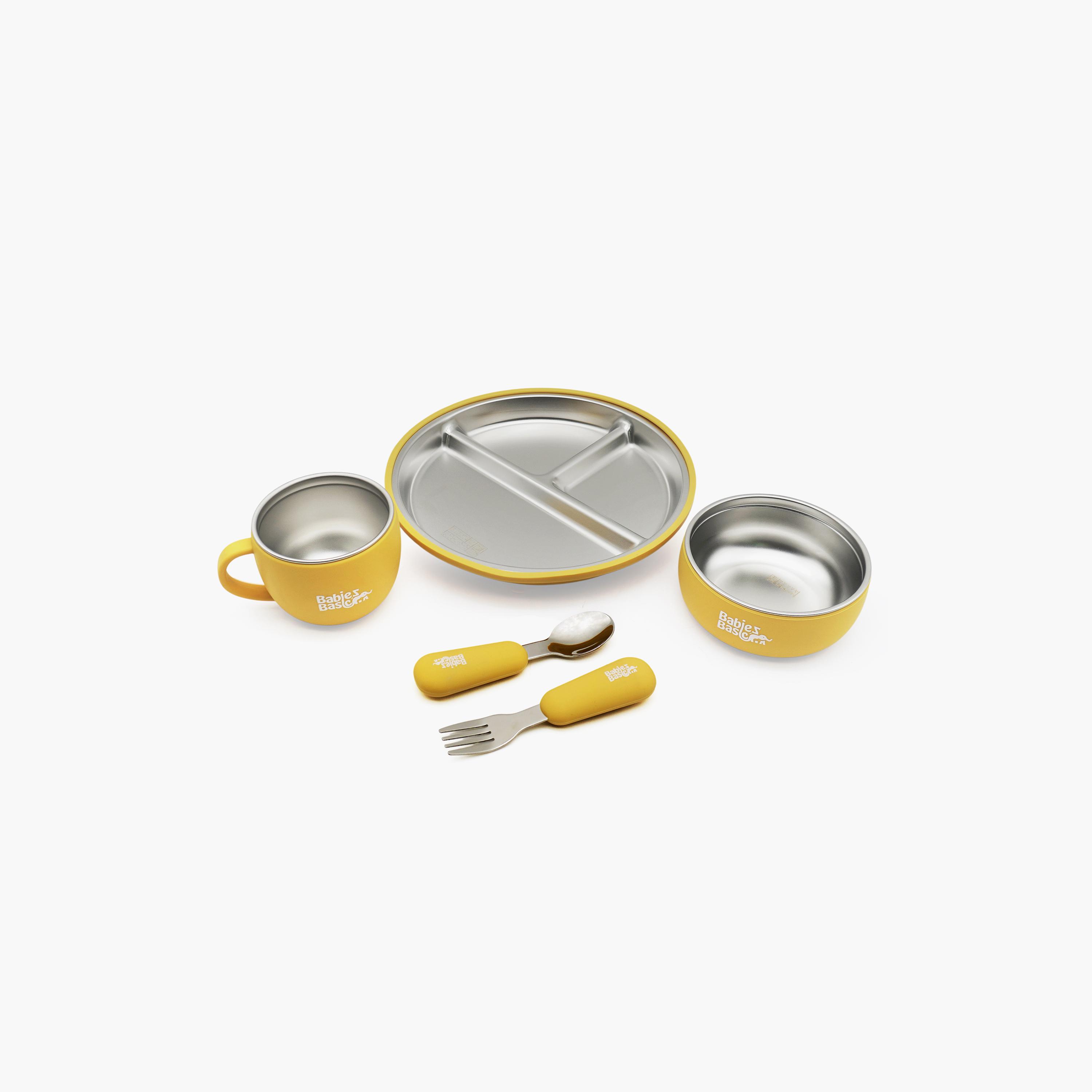 طقم إطعام ستانلس ستيل مع غلاف سيليكون 5 قطع من بيبيز بيزك-baby-feeding-mealtimeessentials-image-8