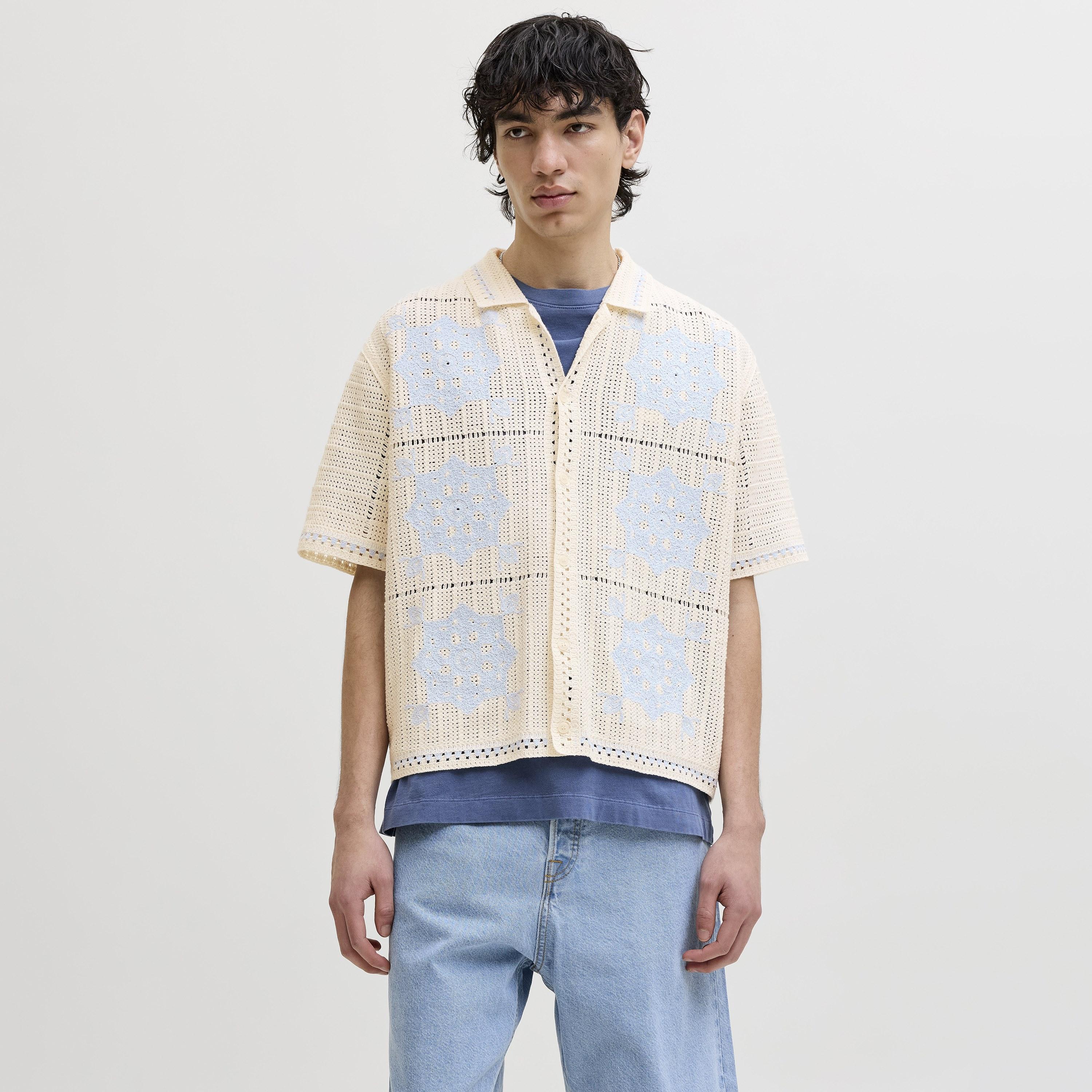 Jack & Jones Loose Fit Crochet Knit Spread Collar Short Sleeves Men's Shirt-men-clothing-shirts-image-1