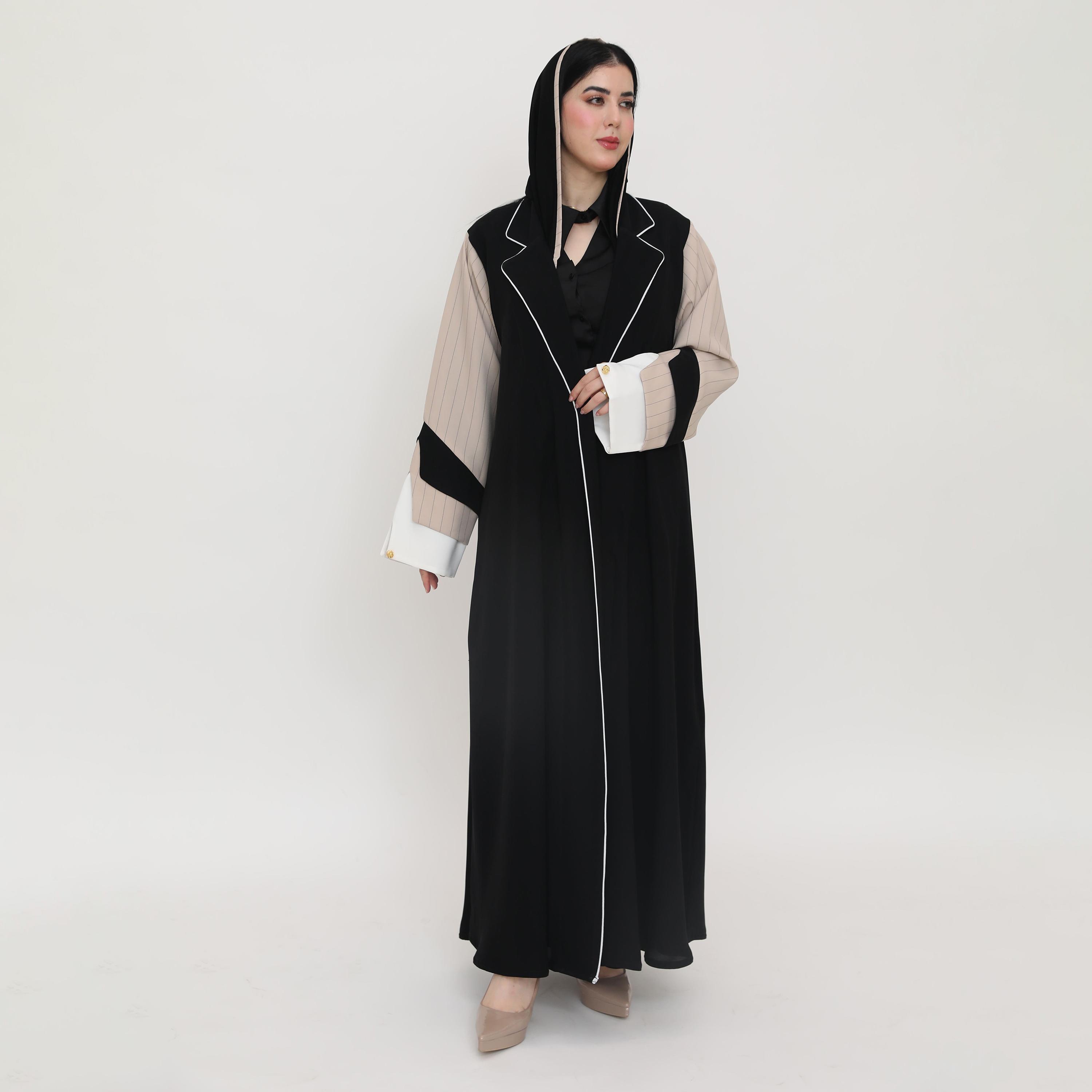 Elegant Hijab Dual Tone Lapel Collar Striped Sleeves Women's Formal Blazer Style Abaya with Hijab-women-arabicclothing-abayas-image-1