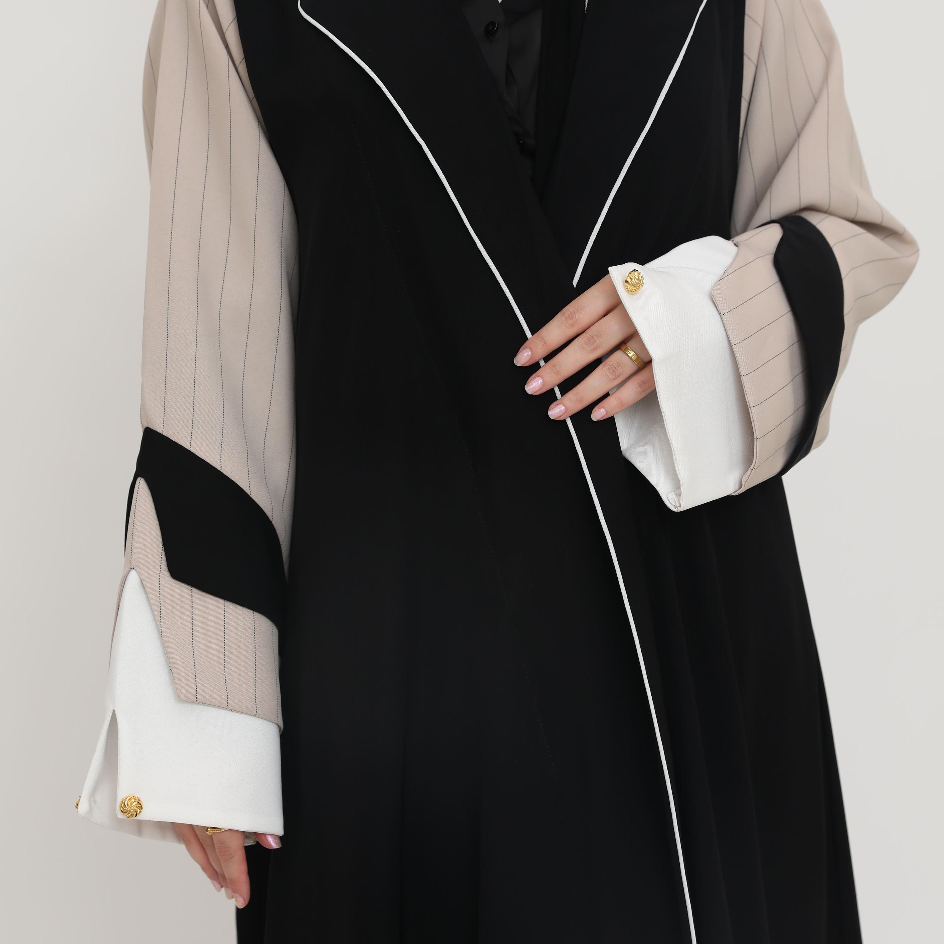 Elegant Hijab Dual Tone Lapel Collar Striped Sleeves Women's Formal Blazer Style Abaya with Hijab-women-arabicclothing-abayas-image-3