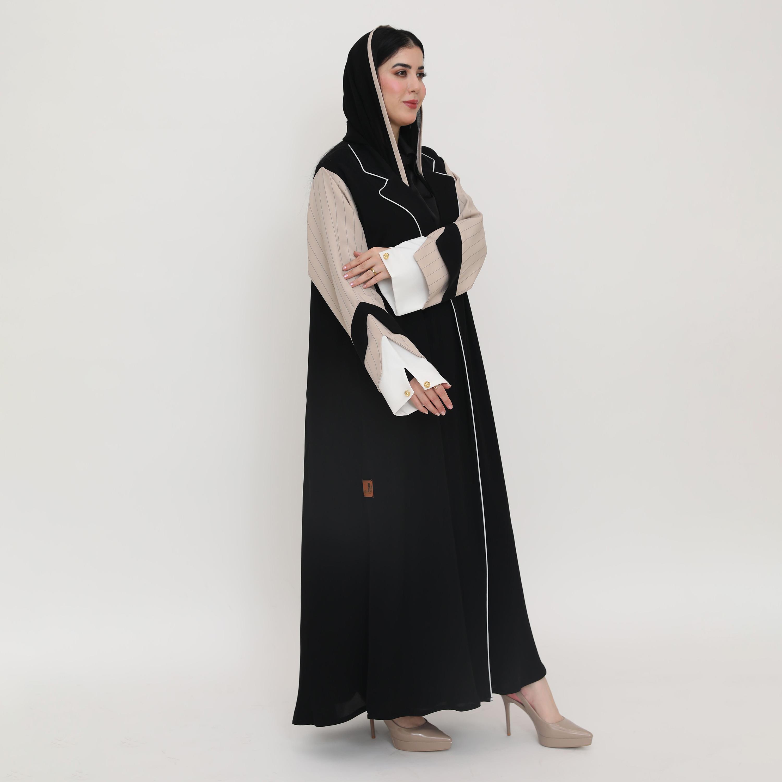 Elegant Hijab Dual Tone Lapel Collar Striped Sleeves Women's Formal Blazer Style Abaya with Hijab-women-arabicclothing-abayas-image-4