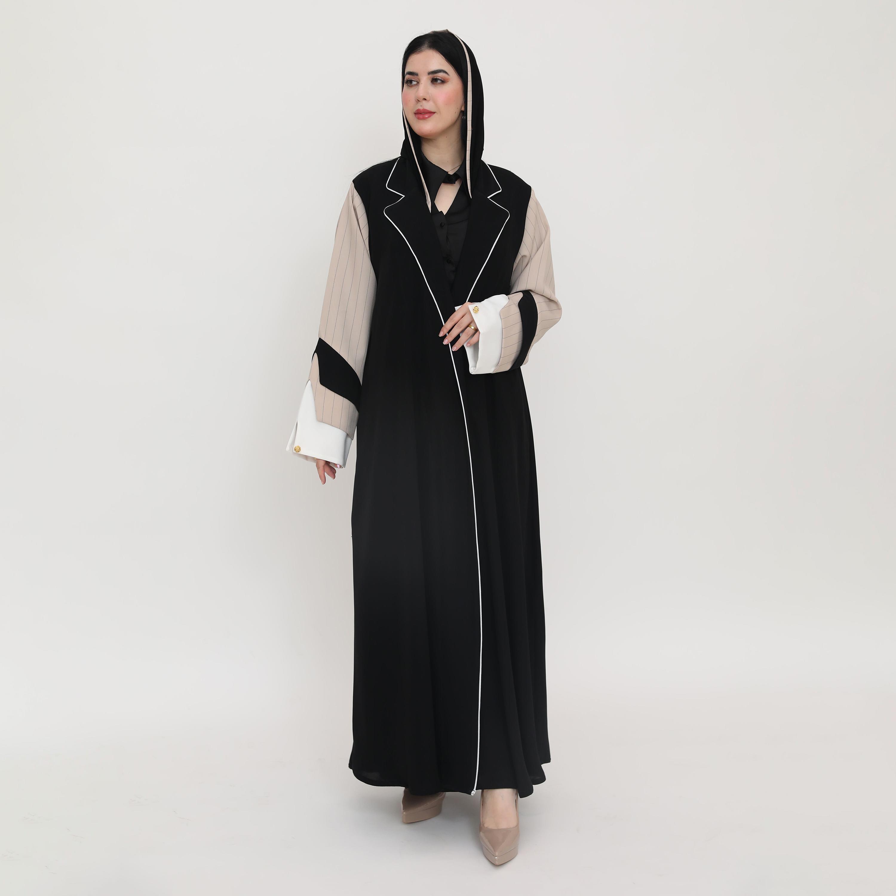 Elegant Hijab Dual Tone Lapel Collar Striped Sleeves Women's Formal Blazer Style Abaya with Hijab-women-arabicclothing-abayas-image-5