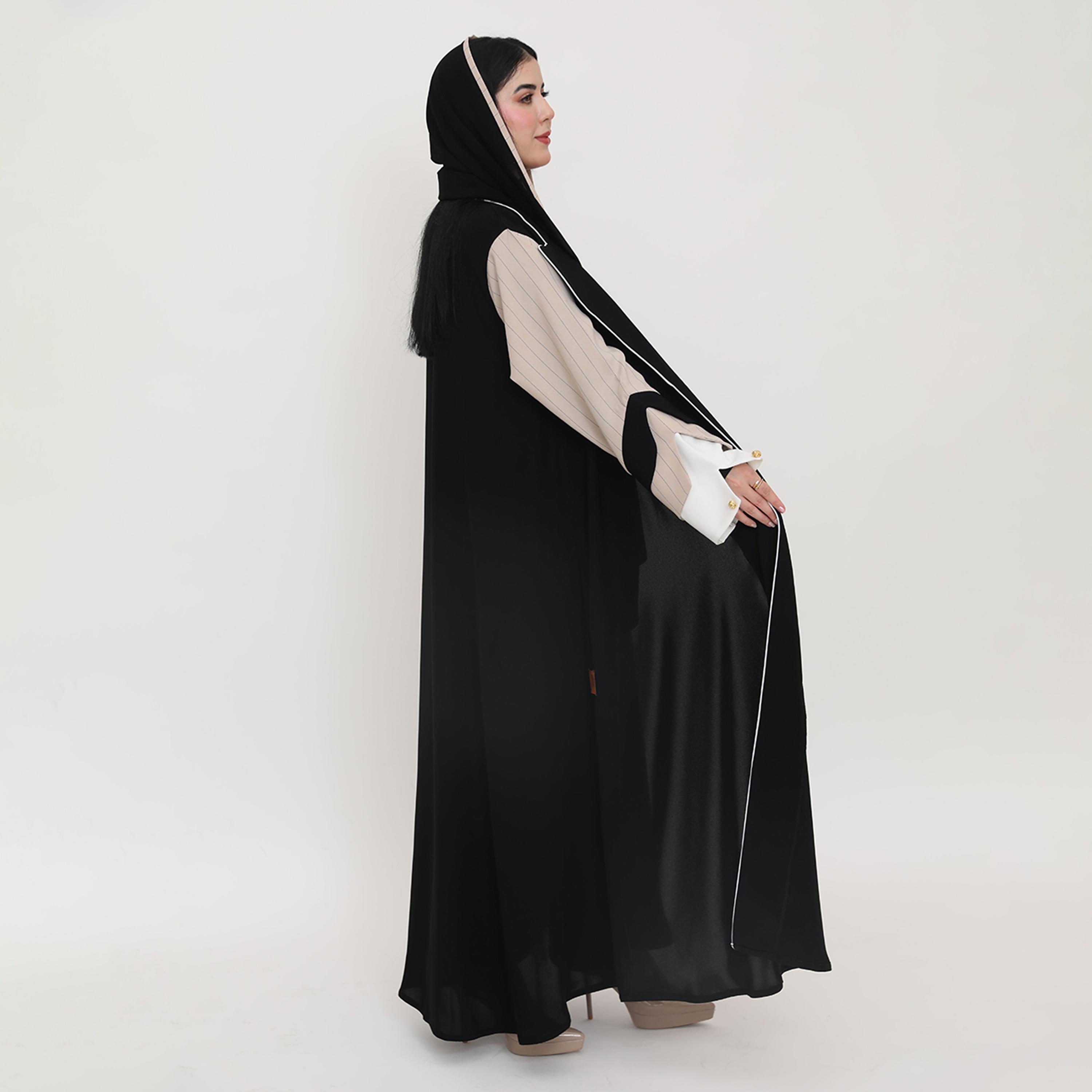 Elegant Hijab Dual Tone Lapel Collar Striped Sleeves Women's Formal Blazer Style Abaya with Hijab-women-arabicclothing-abayas-image-6