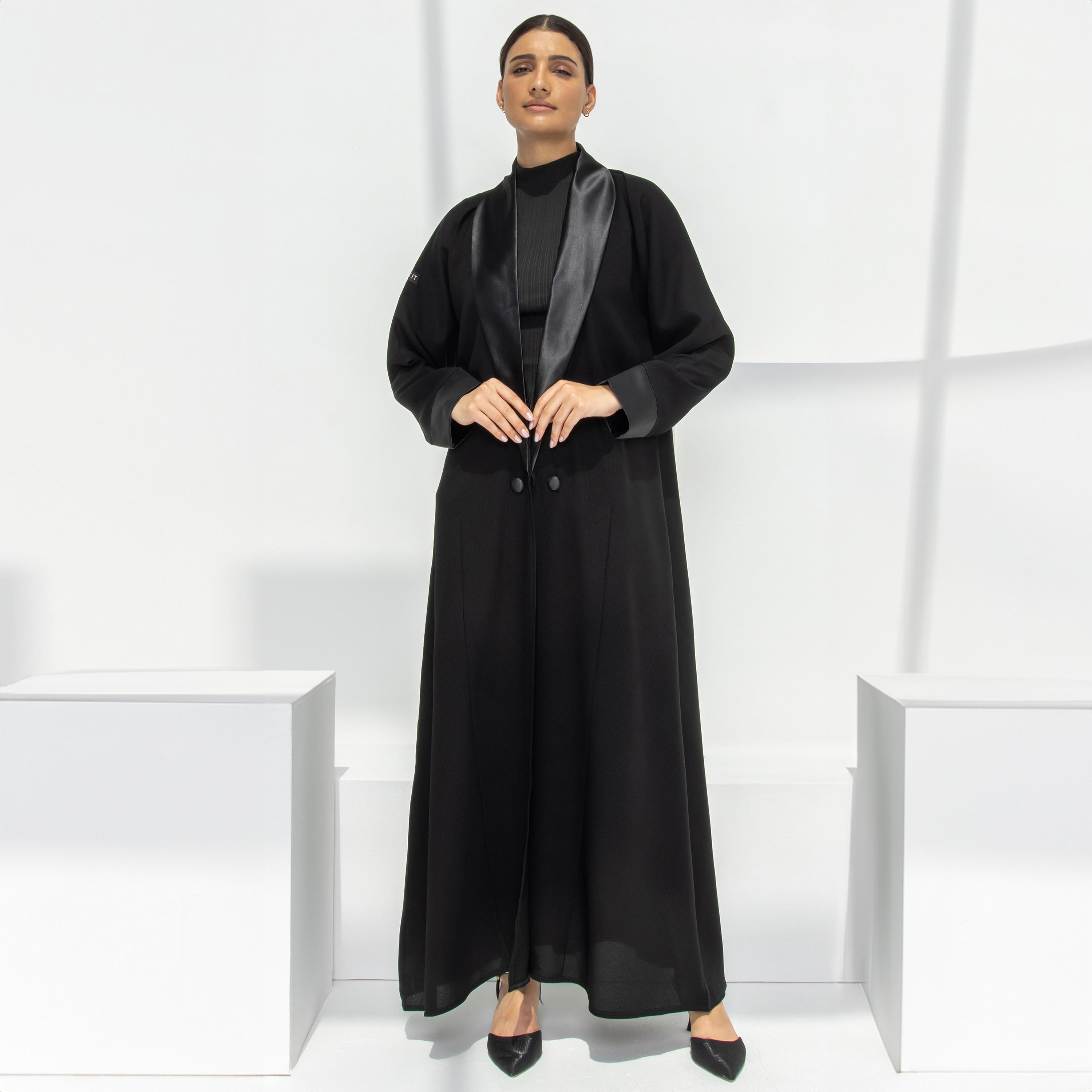 Pinkit Plain Shawl Lapel Coat Style Abaya with Hijab-women-arabicclothing-abayas-image-1
