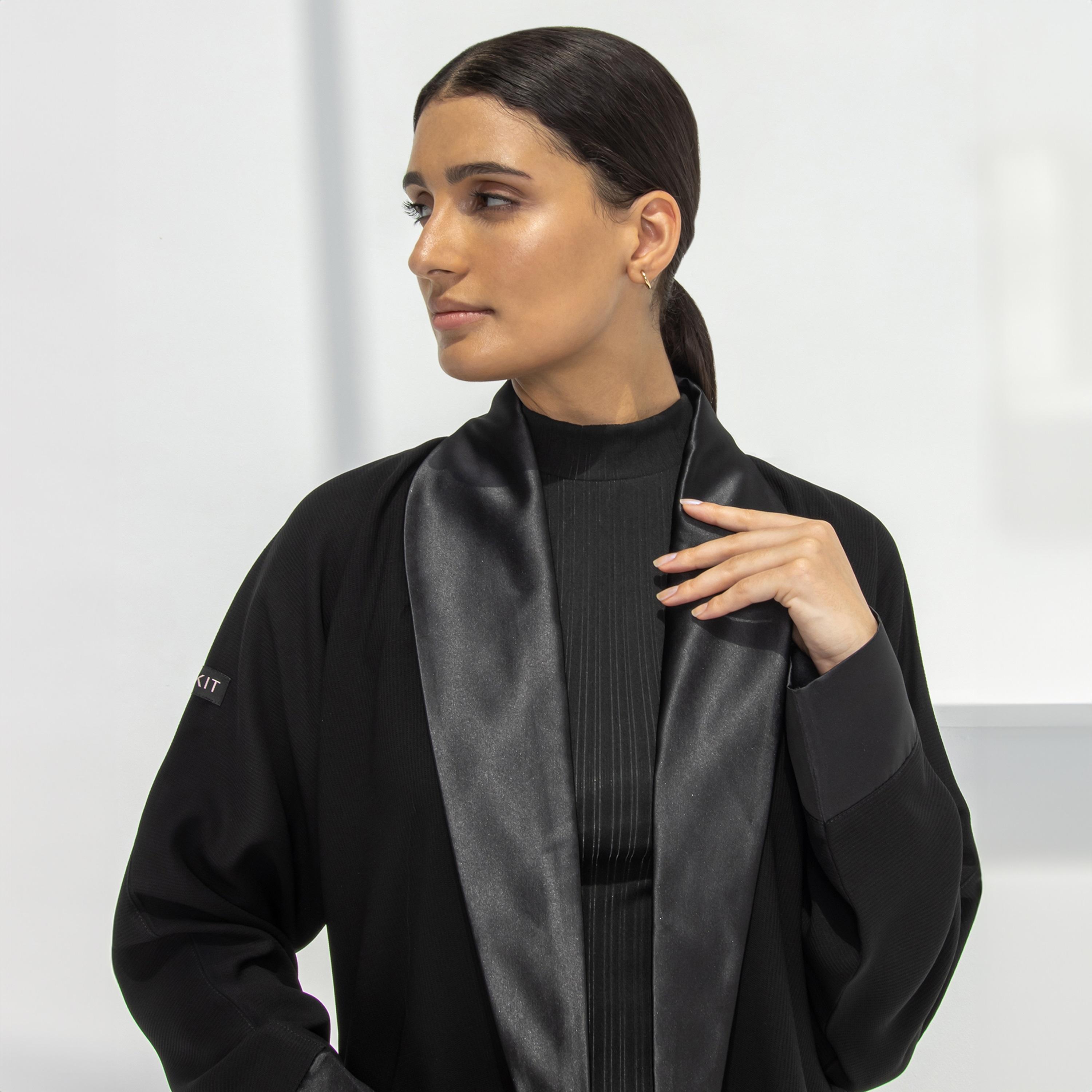 Pinkit Plain Shawl Lapel Coat Style Abaya with Hijab-women-arabicclothing-abayas-image-2