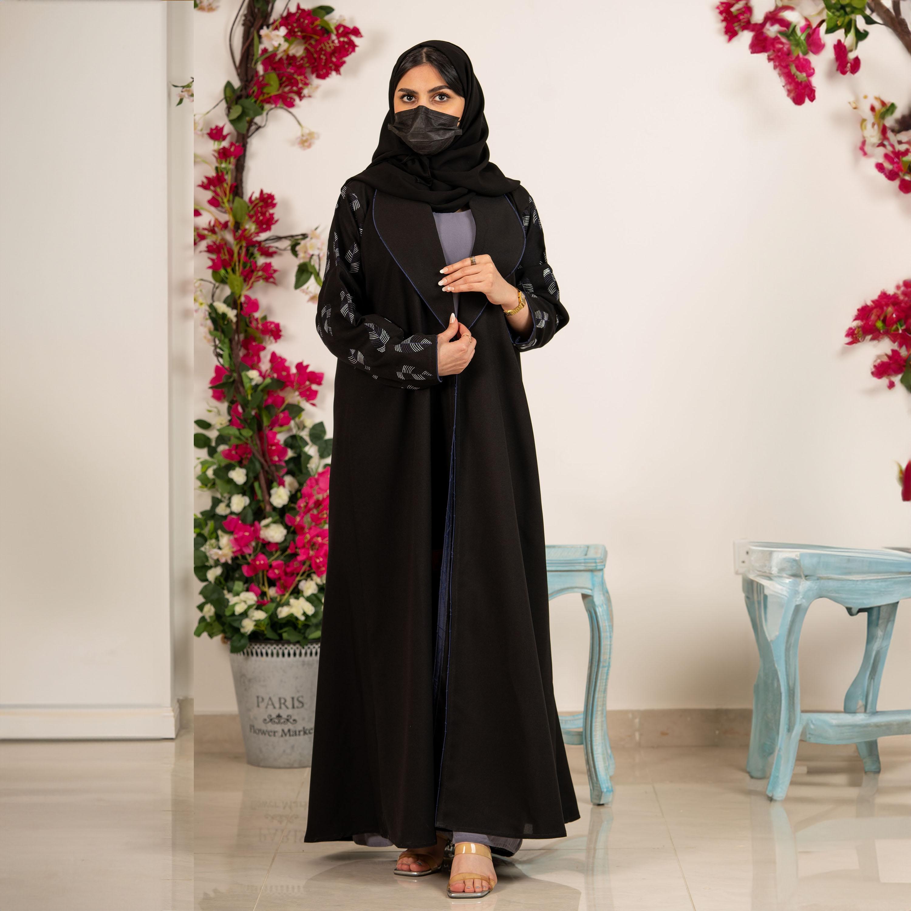 Zahiyh Spike Embroidered Sleeves Open Front Abaya with Hijab-women-arabicclothing-abayas-image-1