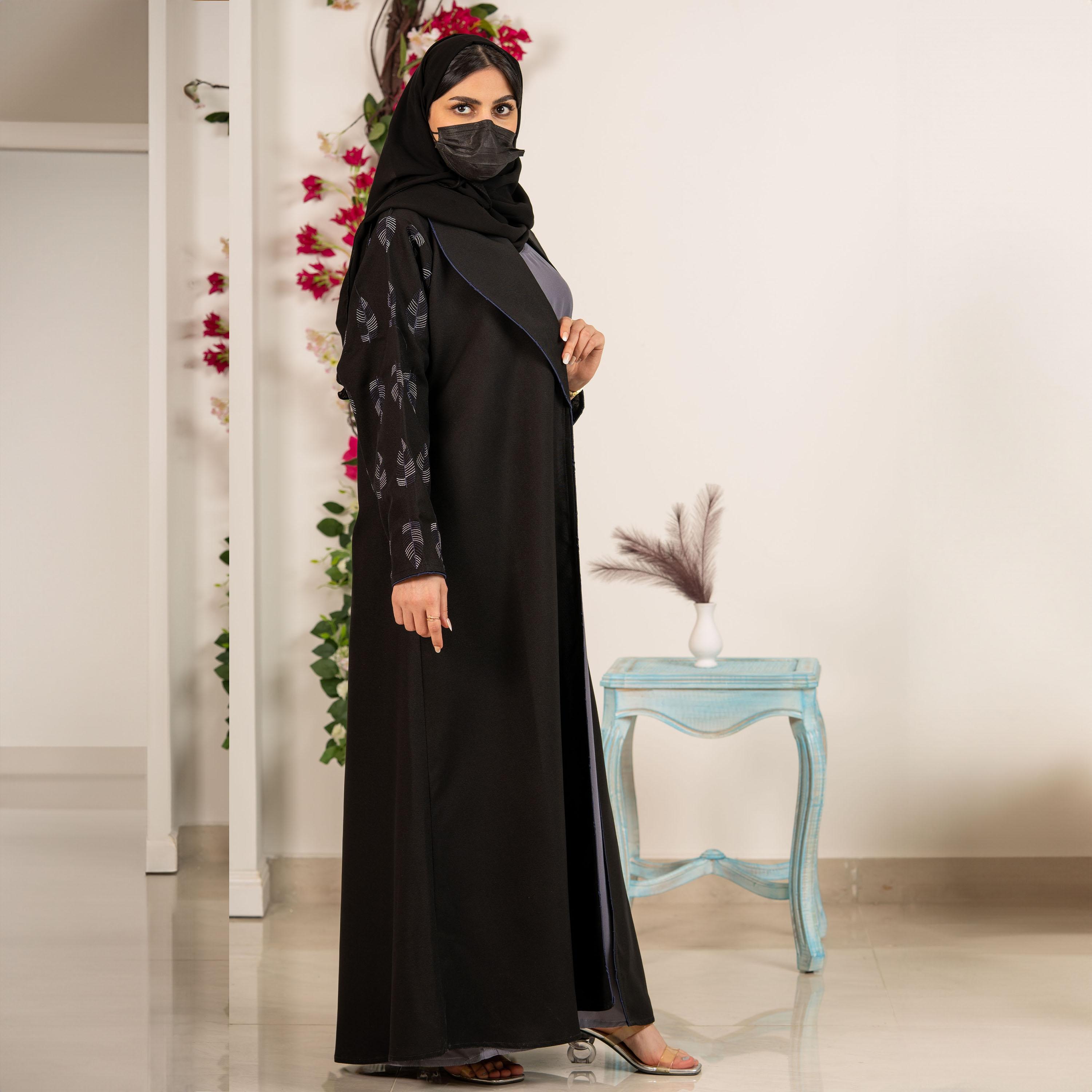 Zahiyh Spike Embroidered Sleeves Open Front Abaya with Hijab-women-arabicclothing-abayas-image-2