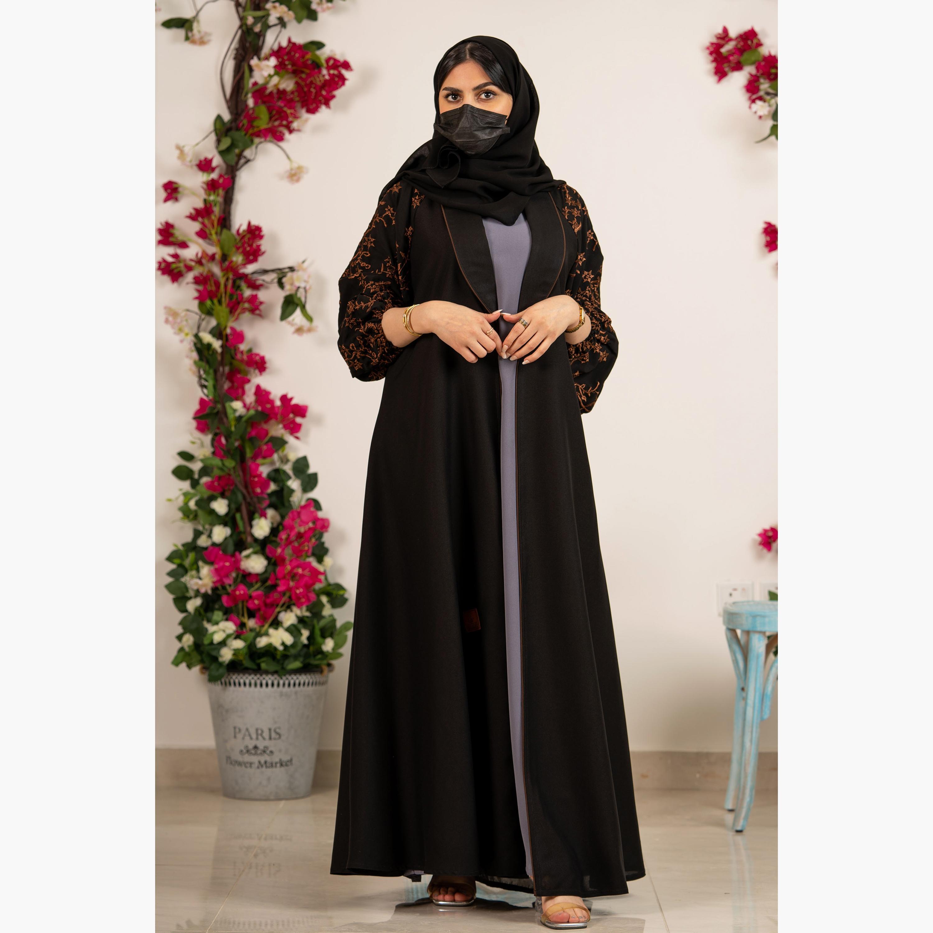 Zahiyh Embroidered Open Front Abaya with Hijab-women-arabicclothing-abayas-image-1