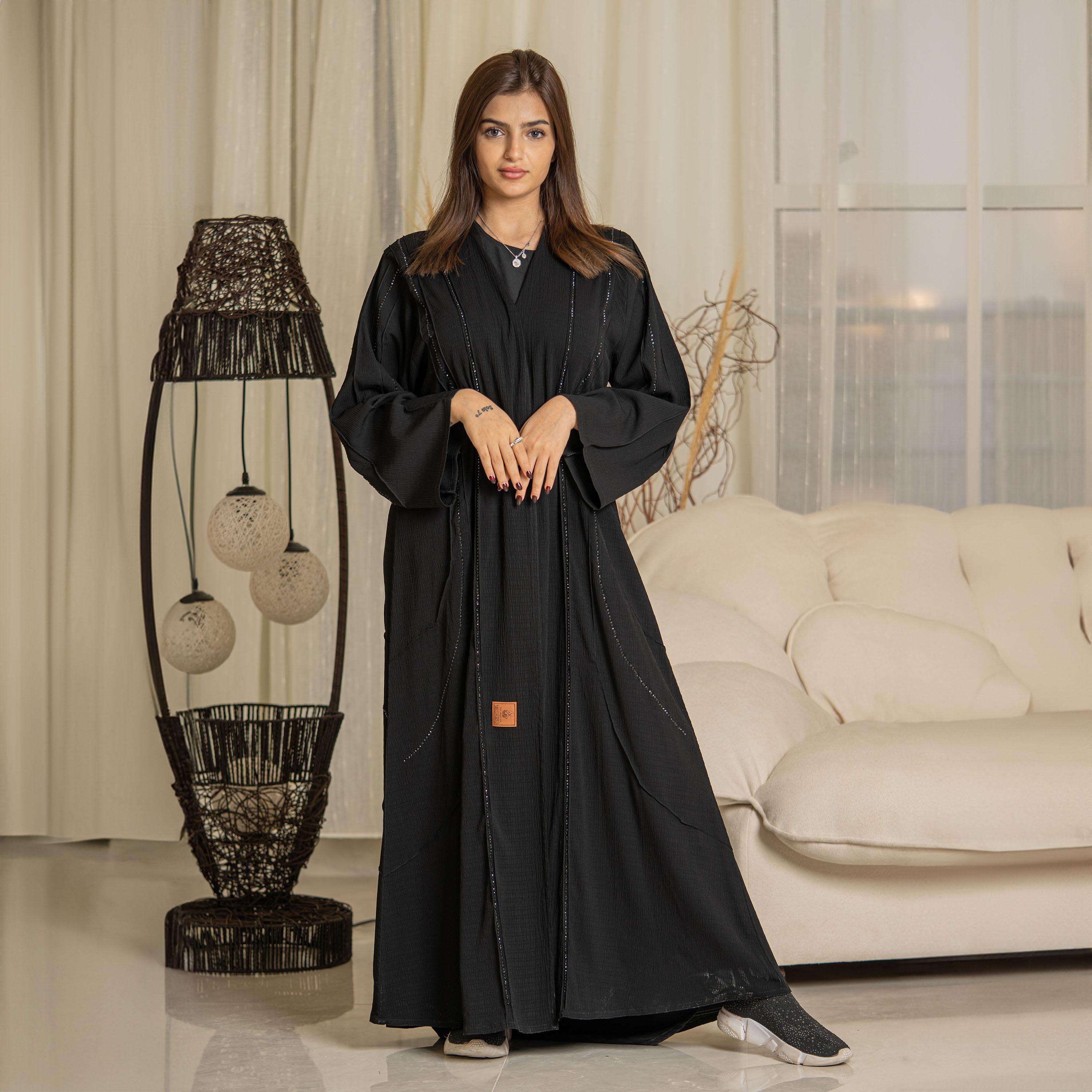 Zahiyh Crystal Work Open Front Abaya with Hijab-women-arabicclothing-abayas-image-1