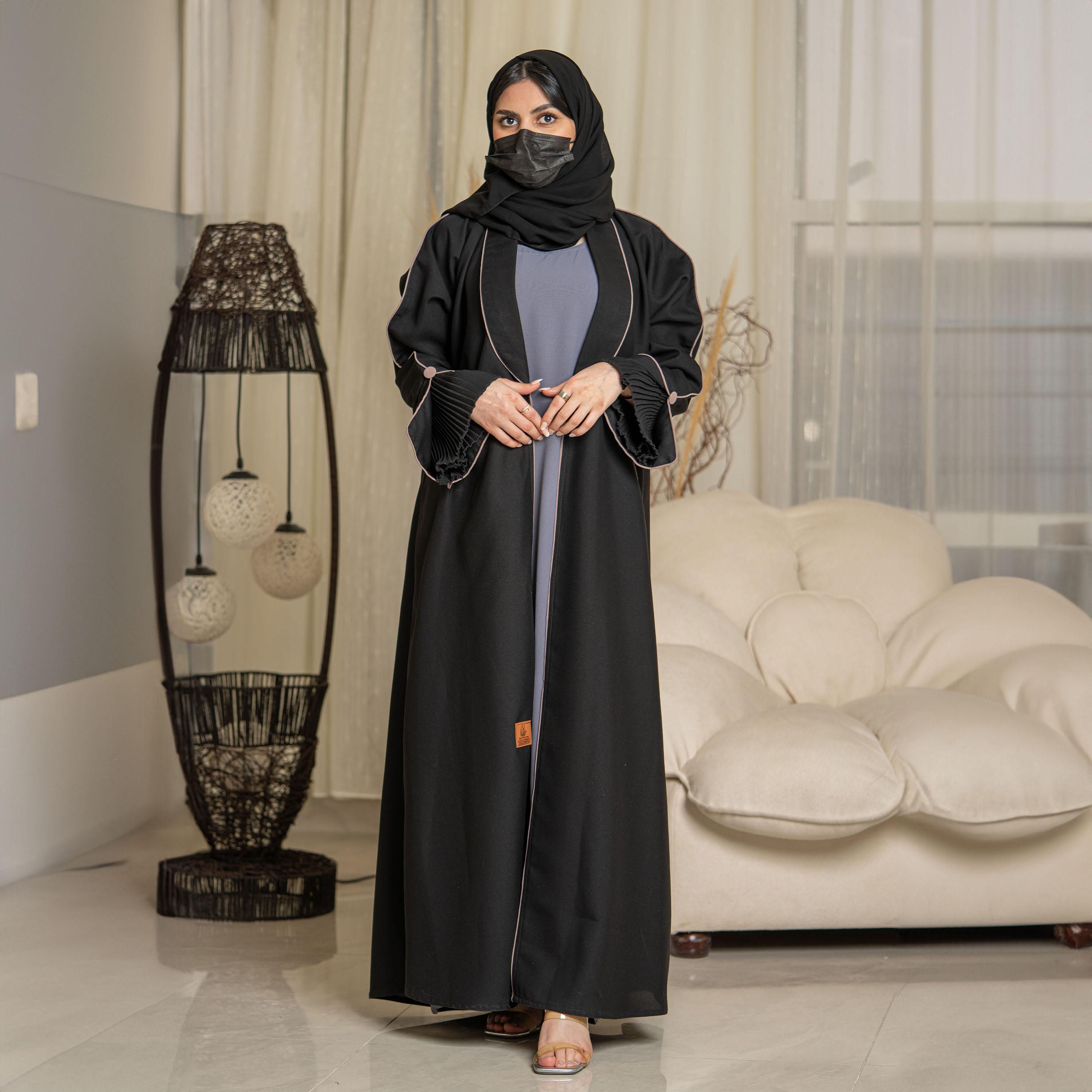 Zahiyh Pleated Sleeves Open Front Abaya with Hijab-women-arabicclothing-abayas-image-1