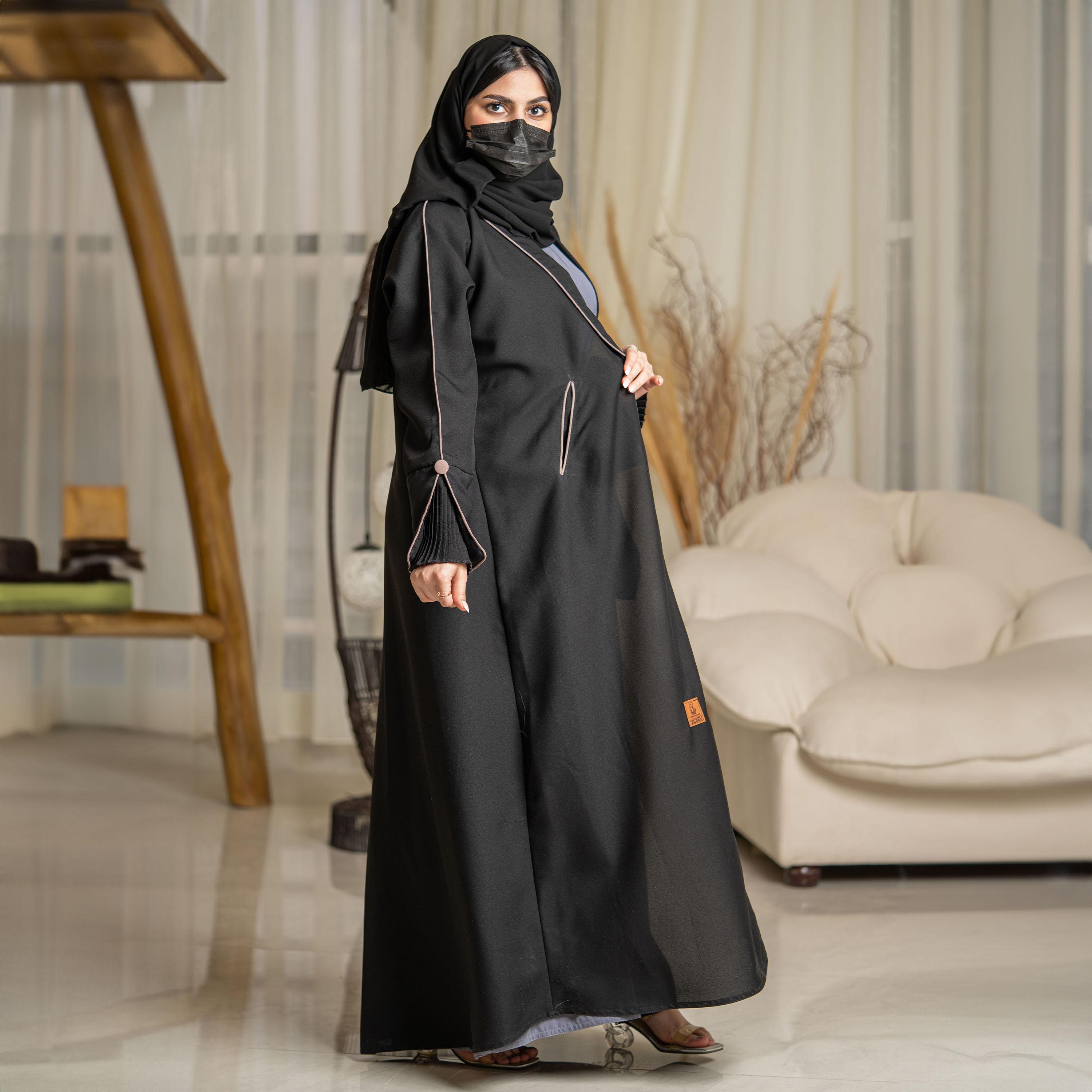 Zahiyh Pleated Sleeves Open Front Abaya with Hijab-women-arabicclothing-abayas-image-2