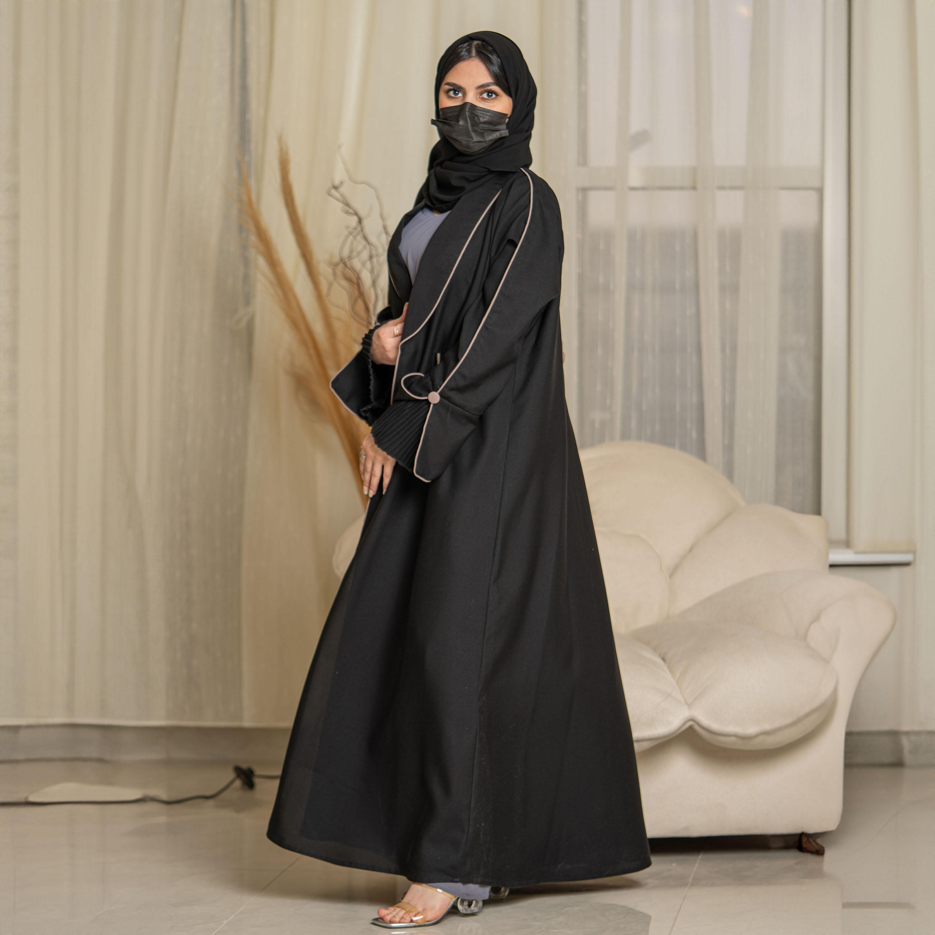 Zahiyh Pleated Sleeves Open Front Abaya with Hijab-women-arabicclothing-abayas-image-3