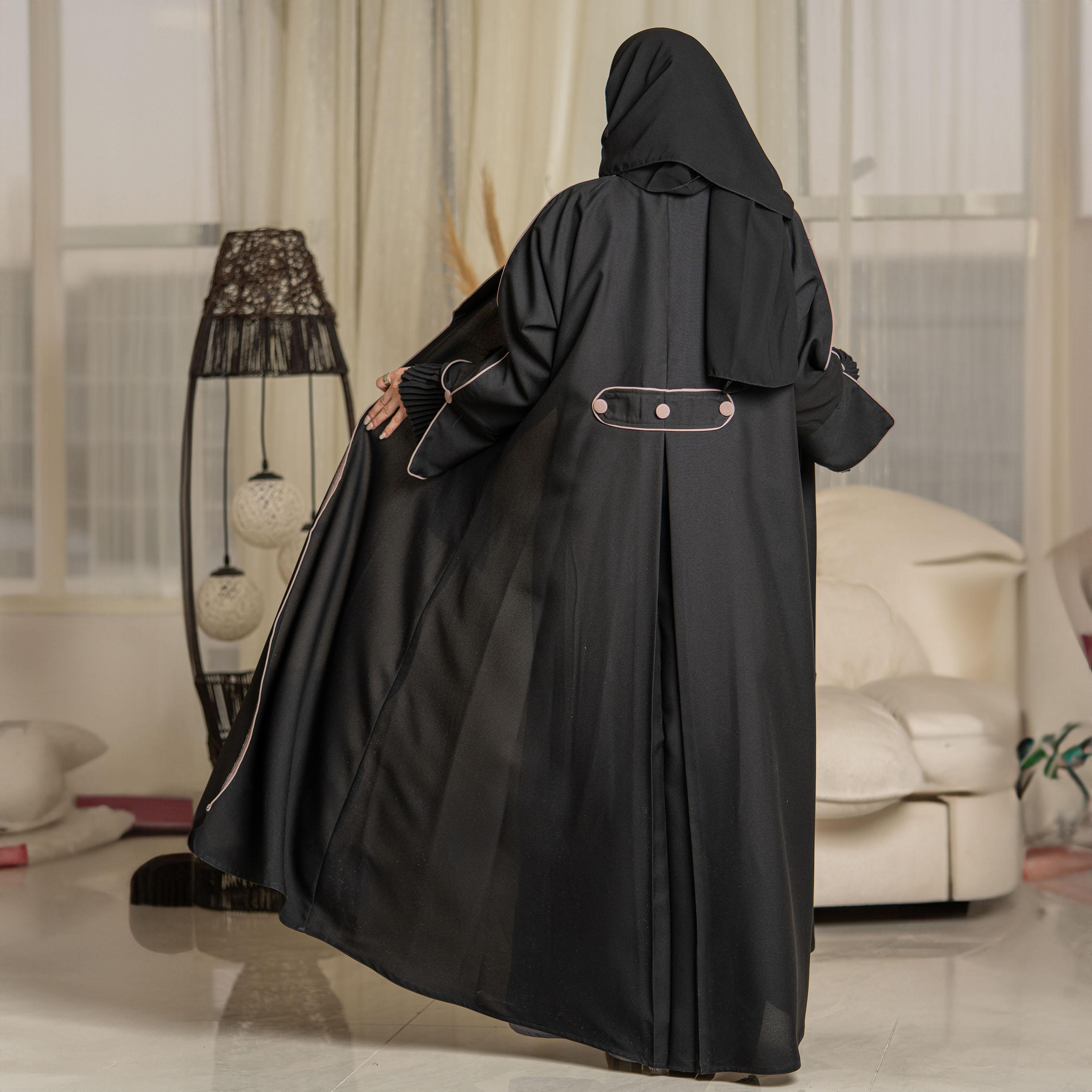 Zahiyh Pleated Sleeves Open Front Abaya with Hijab-women-arabicclothing-abayas-image-4