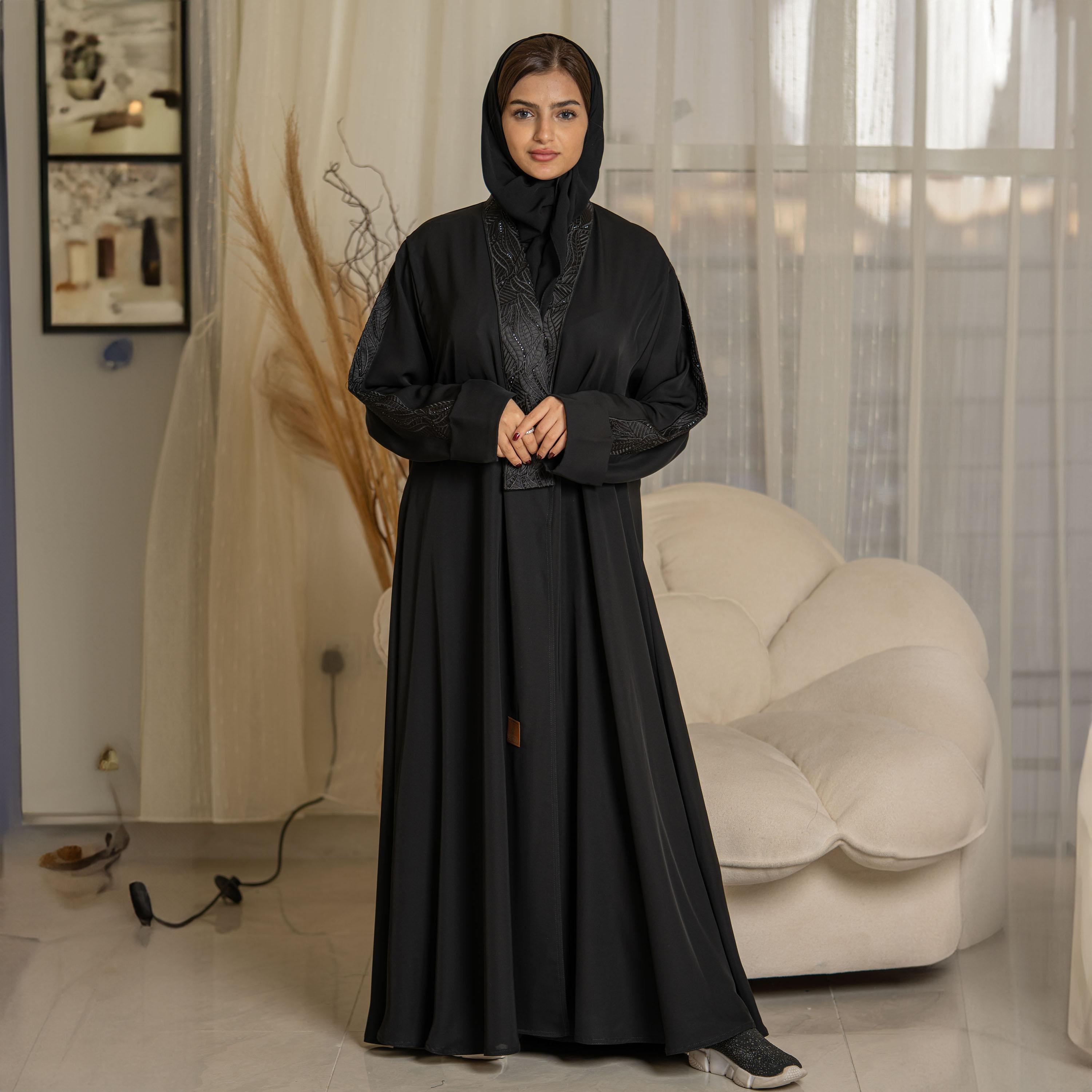 Zahiyh Crystal and Embroidered Open Front Abaya with Hijab-women-arabicclothing-abayas-image-1