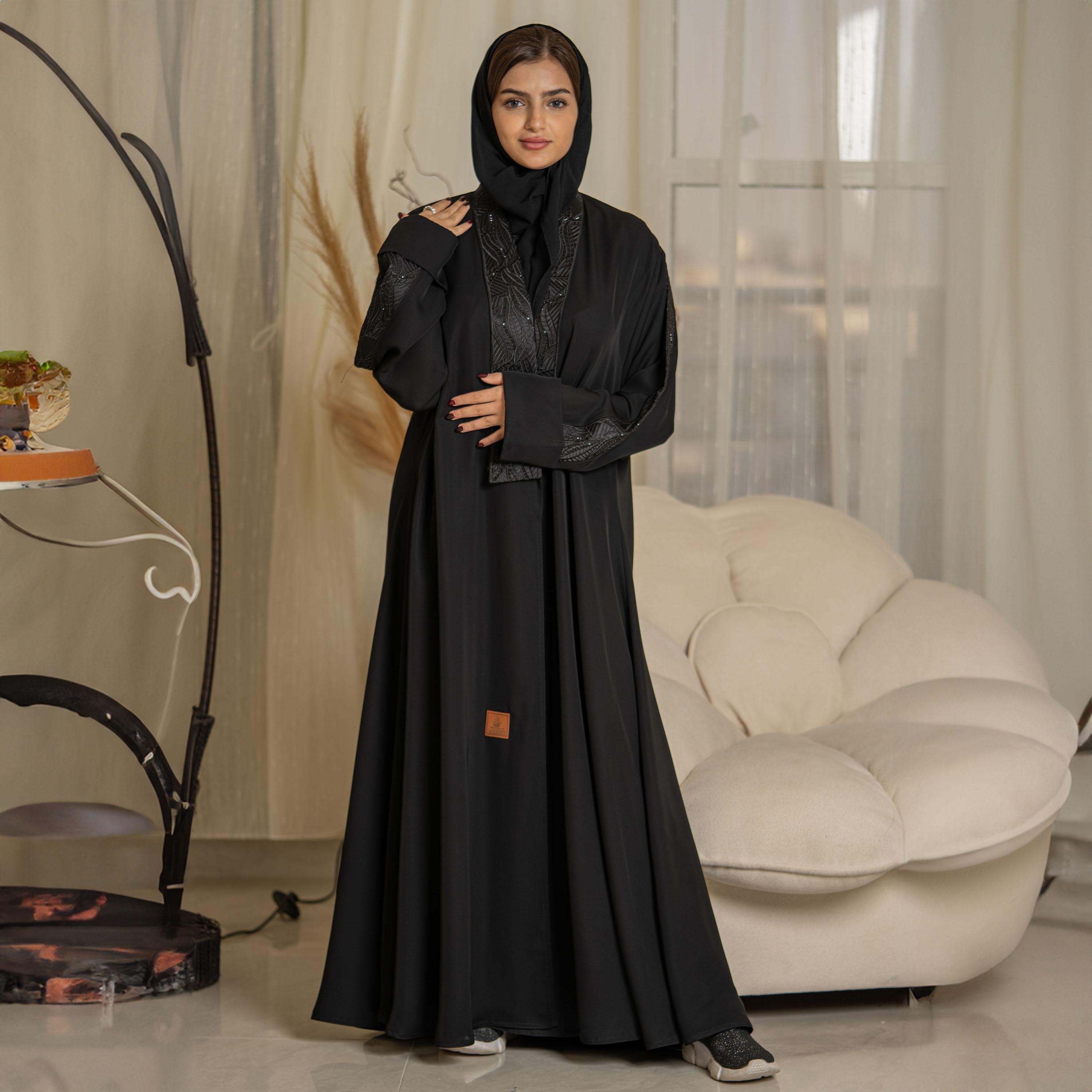 Zahiyh Crystal and Embroidered Open Front Abaya with Hijab-women-arabicclothing-abayas-image-2