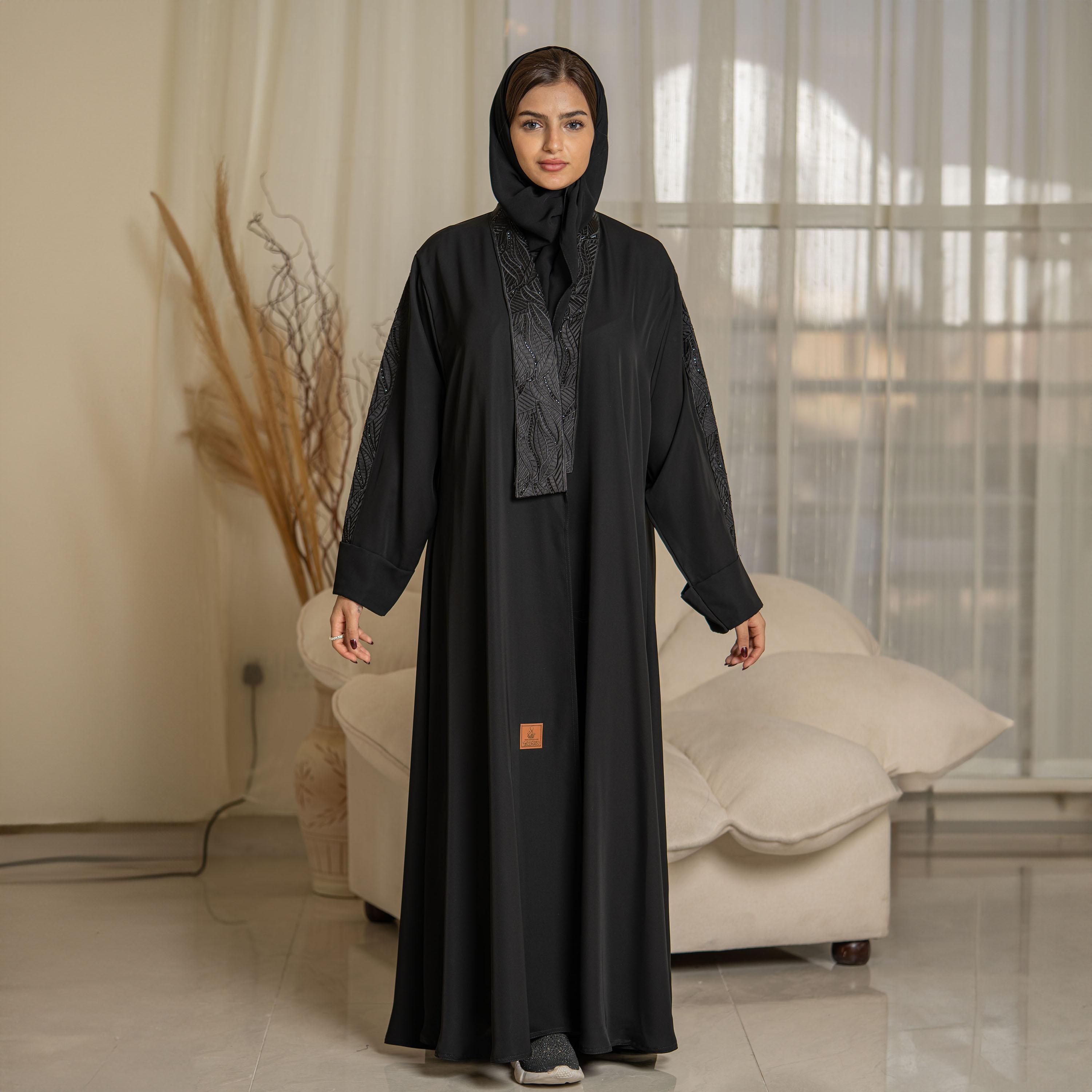 Zahiyh Crystal and Embroidered Open Front Abaya with Hijab-women-arabicclothing-abayas-image-3