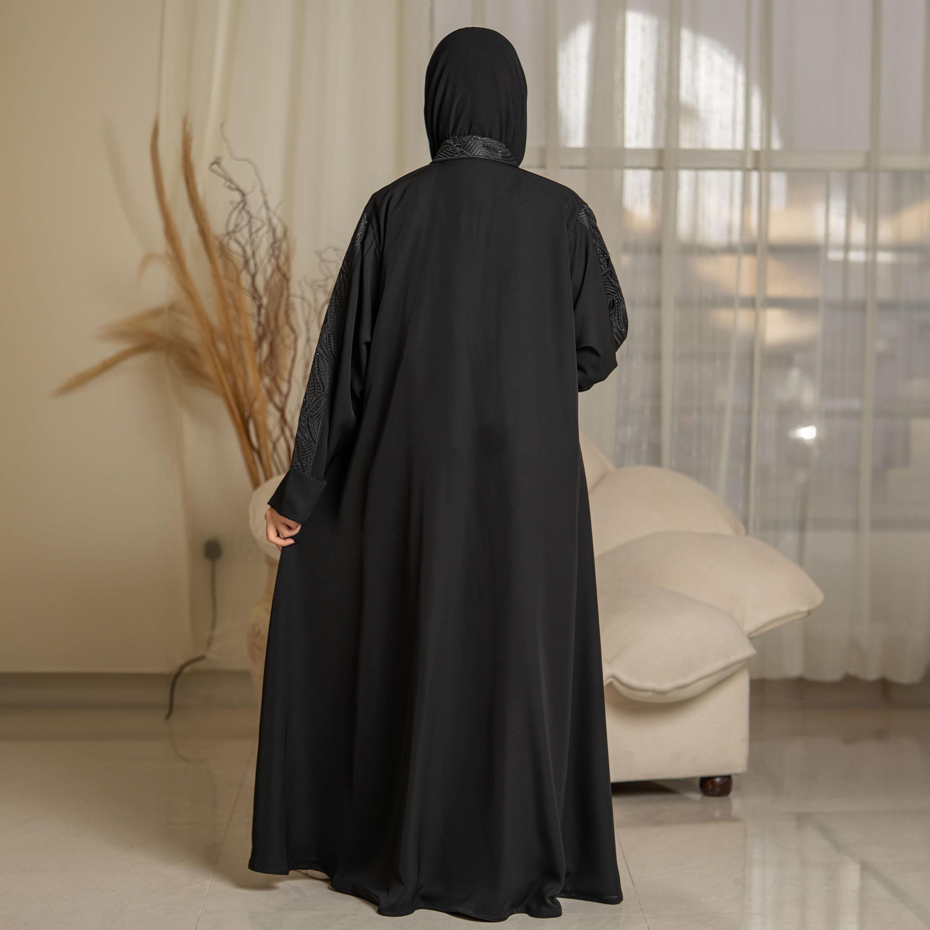 Zahiyh Crystal and Embroidered Open Front Abaya with Hijab-women-arabicclothing-abayas-image-4
