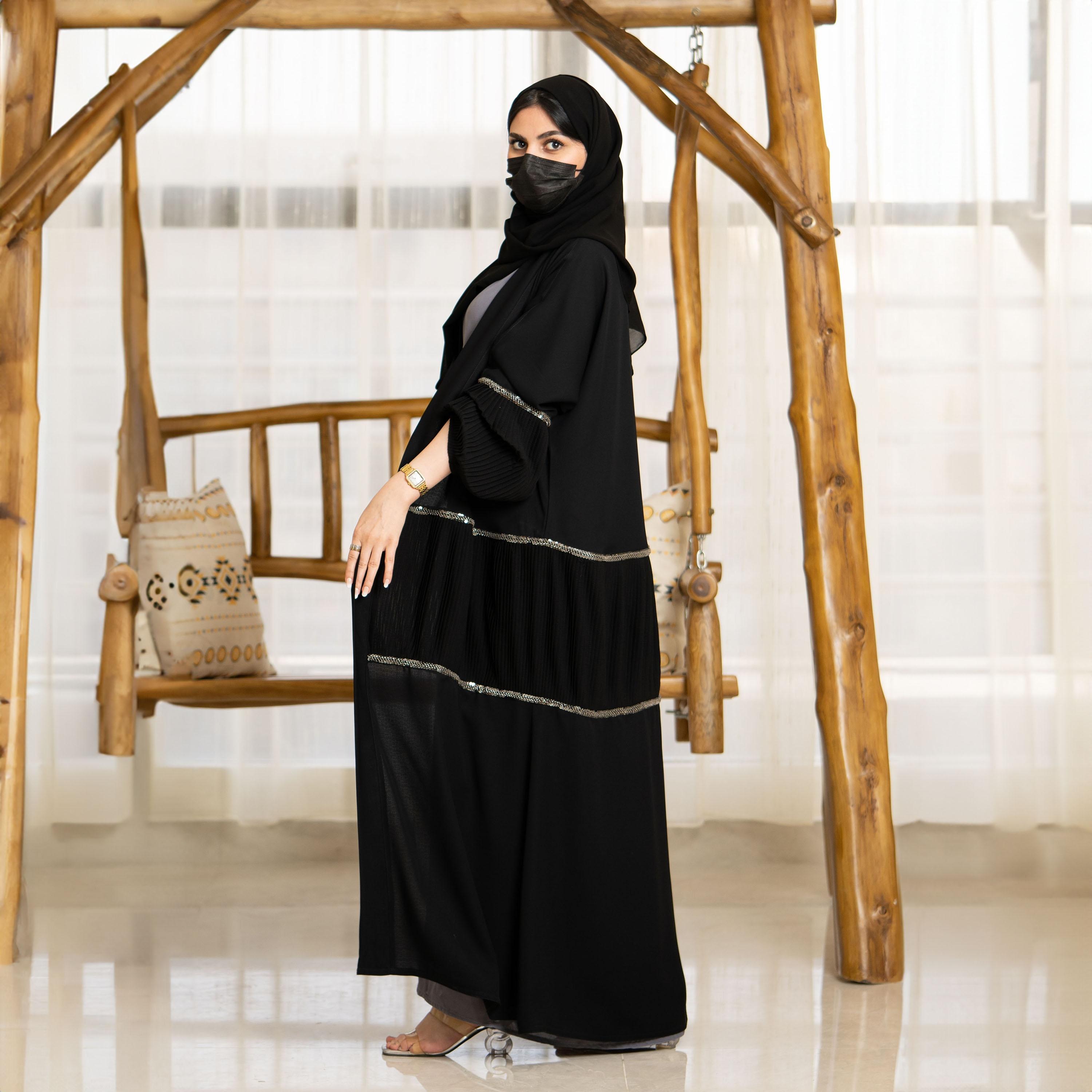 Zahiyh Sequins and Pleated Open Front Abaya with Hijab-women-arabicclothing-abayas-image-2