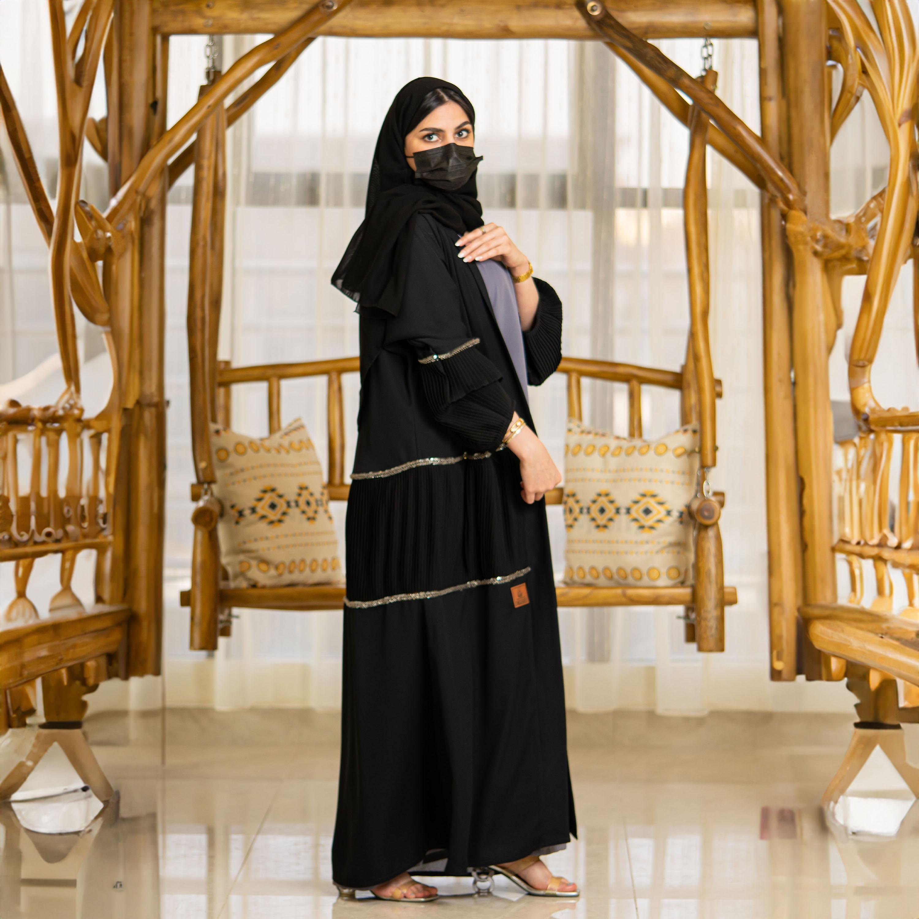 Zahiyh Sequins and Pleated Open Front Abaya with Hijab-women-arabicclothing-abayas-image-3